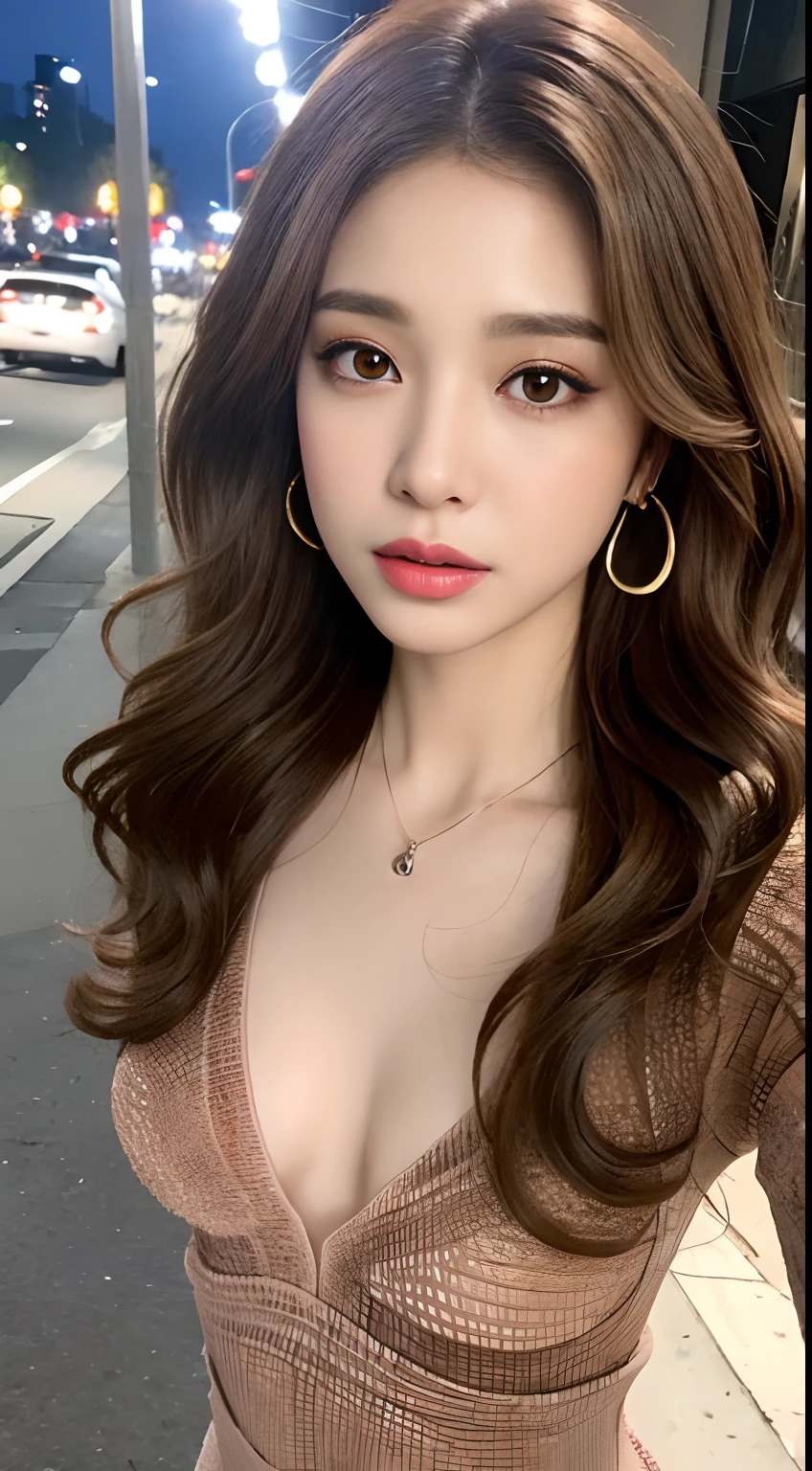 ((Realistic lighting, Best quality, 8K, Masterpiece:1.3)), Focus:1.2, 1girl, Perfect Figure:1.4, slender body:1.1, (brown hair:1.3), (sexy dress: 1.4), (Outdoor:1.0), (Night: 1.1), City streets, Super fine face, Fine eyes, Double eyelids, Legs,(beautiful small nipple head:1.4),necklace,earrings,(wavy hair:1.3),