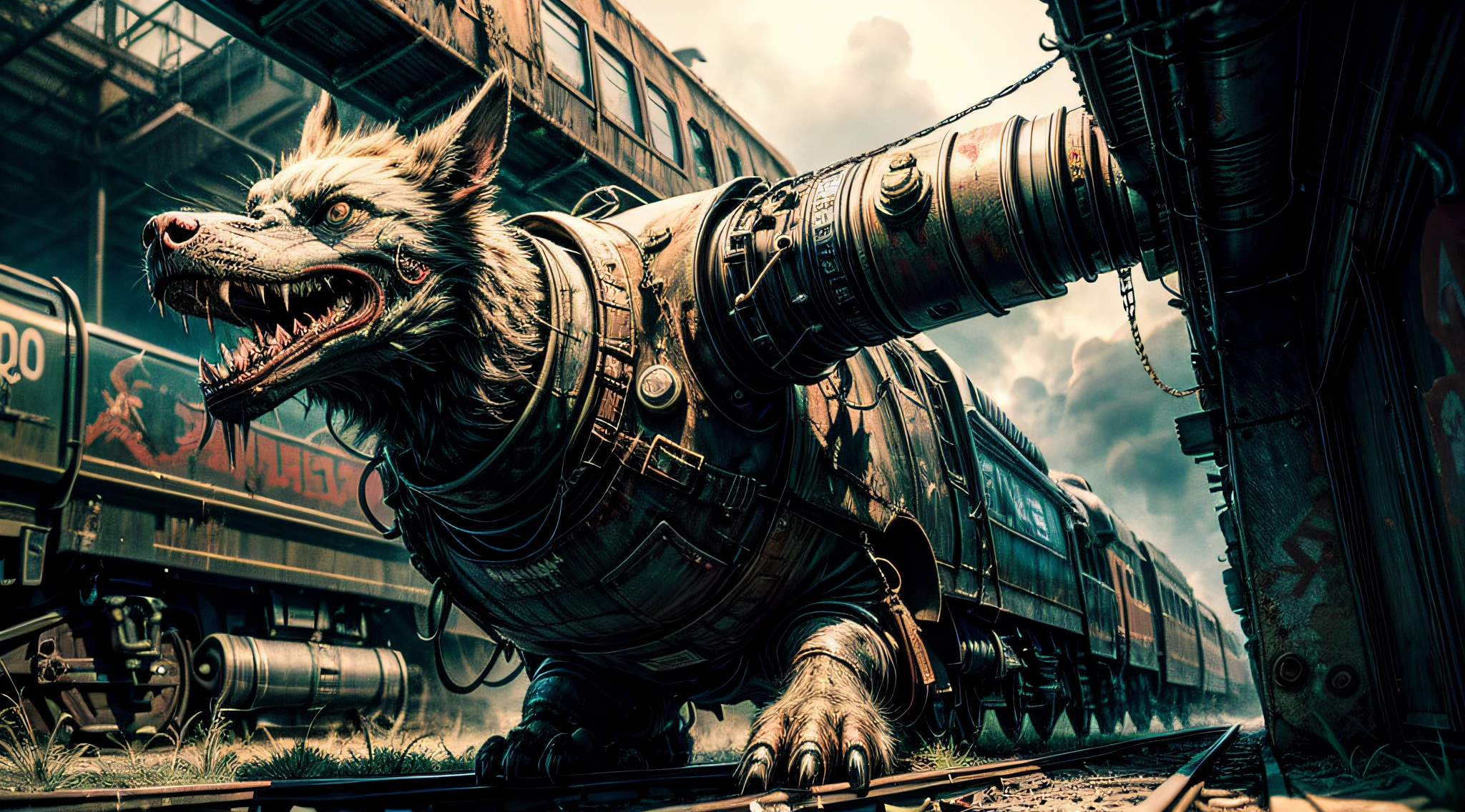 hyper detailed masterpiece, dynamic, awesome quality,manticore, undead wizard, skeletal appearance, tattered robes, wand, glowing eye sockets, no life, no flesh, aura of dark magic. immortality, dark rituals, powerful, malevolent, ancient formidable spellcaster, necromancy, dark magic pulling enormous passenger train, windshield wipers,
map lights, splash guards,
engine cover, mithral, matte,
racing decals, <lora:ral-santasleigh:1>,ral-santasleigh