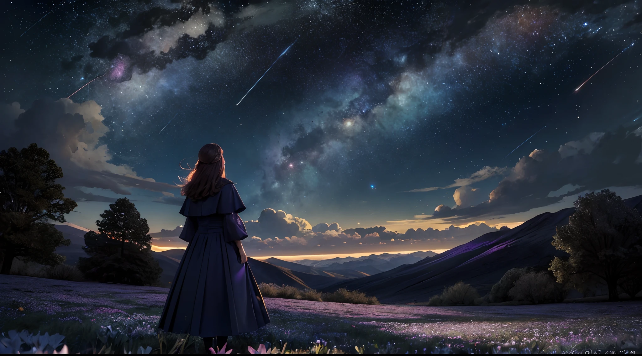 Expansive landscape photograph, (view from below with a view of the sky and the wilderness below), little girl standing in a flower field looking up, (full moon: 1.2), (shooting star: 0.9), (nebula: 1.3), distant mountain, tree break production art, (warm light source: 1.2), (firefly: 1.2), lamp, purple and orange, intricate detail, volume lighting BREAK (masterpiece: 1.2), (highest quality ), 4k, ultra-detailed, (dynamic configuration: 1.4), highly detailed and colorful details (iridescent: 1.2), (sparkling lighting, atmospheric lighting), dreamy, magical, (solo: 1.2)