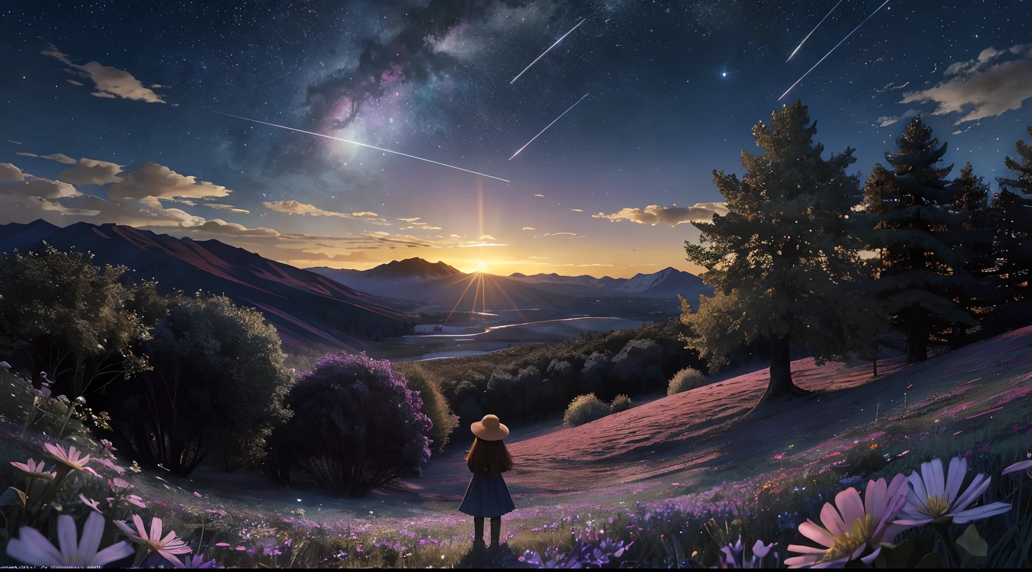 Expansive landscape photograph, (view from below with a view of the sky and the wilderness below), little girl standing in a flower field looking up, (full moon: 1.2), (shooting star: 0.9), (nebula: 1.3), distant mountain, tree break production art, (warm light source: 1.2), (firefly: 1.2), lamp, purple and orange, intricate detail, volume lighting BREAK (masterpiece: 1.2), (highest quality ), 4k, ultra-detailed, (dynamic configuration: 1.4), highly detailed and colorful details (iridescent: 1.2), (sparkling lighting, atmospheric lighting), dreamy, magical, (solo: 1.2)