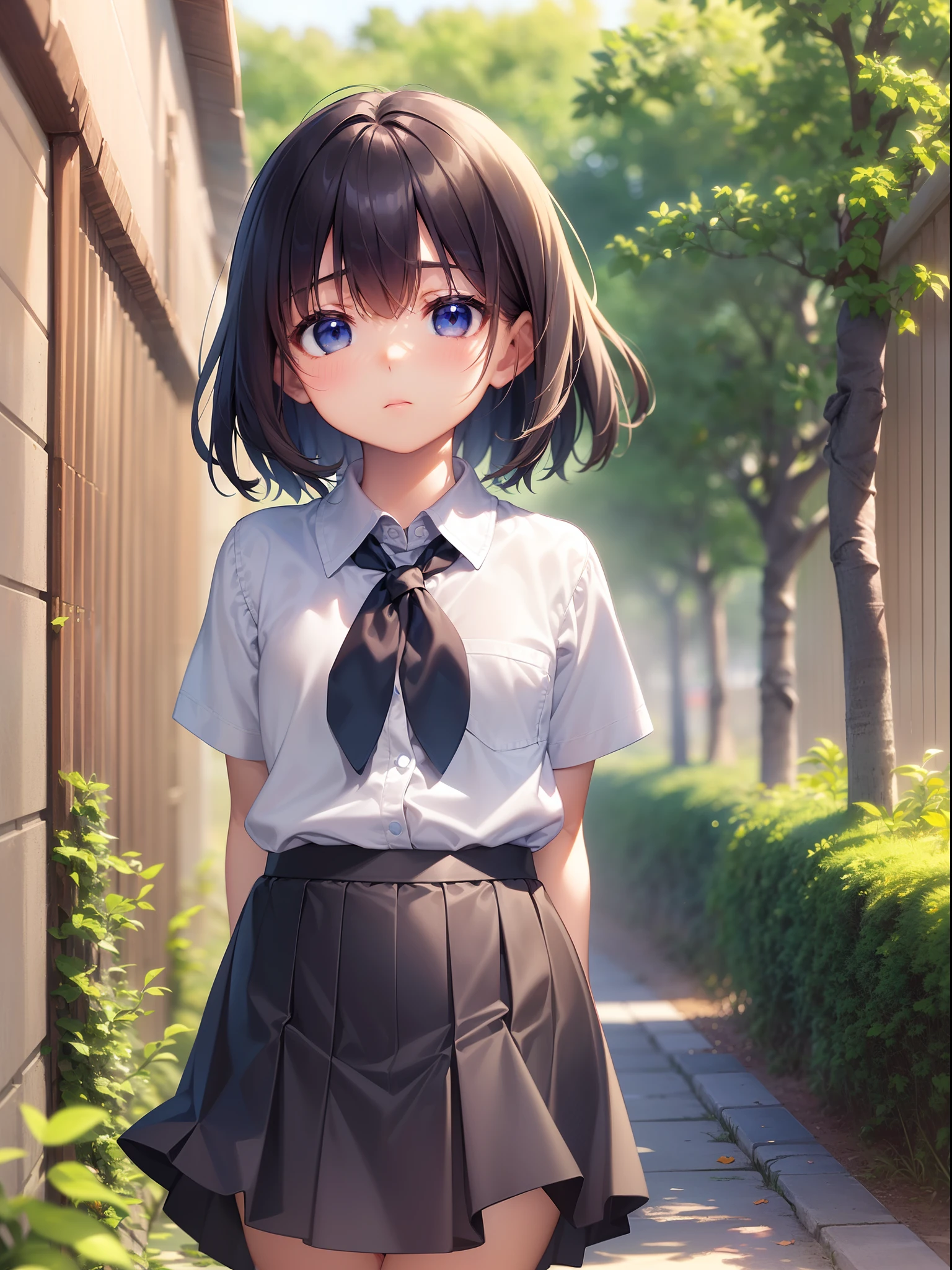 best quality, high resolution, ultra-detailed, realistic, vibrant colors, portraits, girl in a garden, short black hair, beautiful detailed eyes, smile, blushing