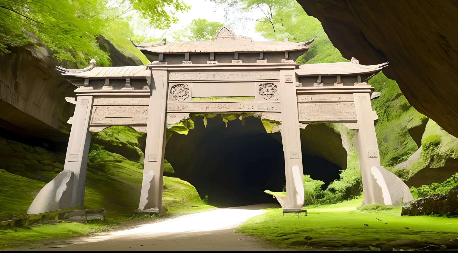 There is a stone arch with a gate in the middle of the cave