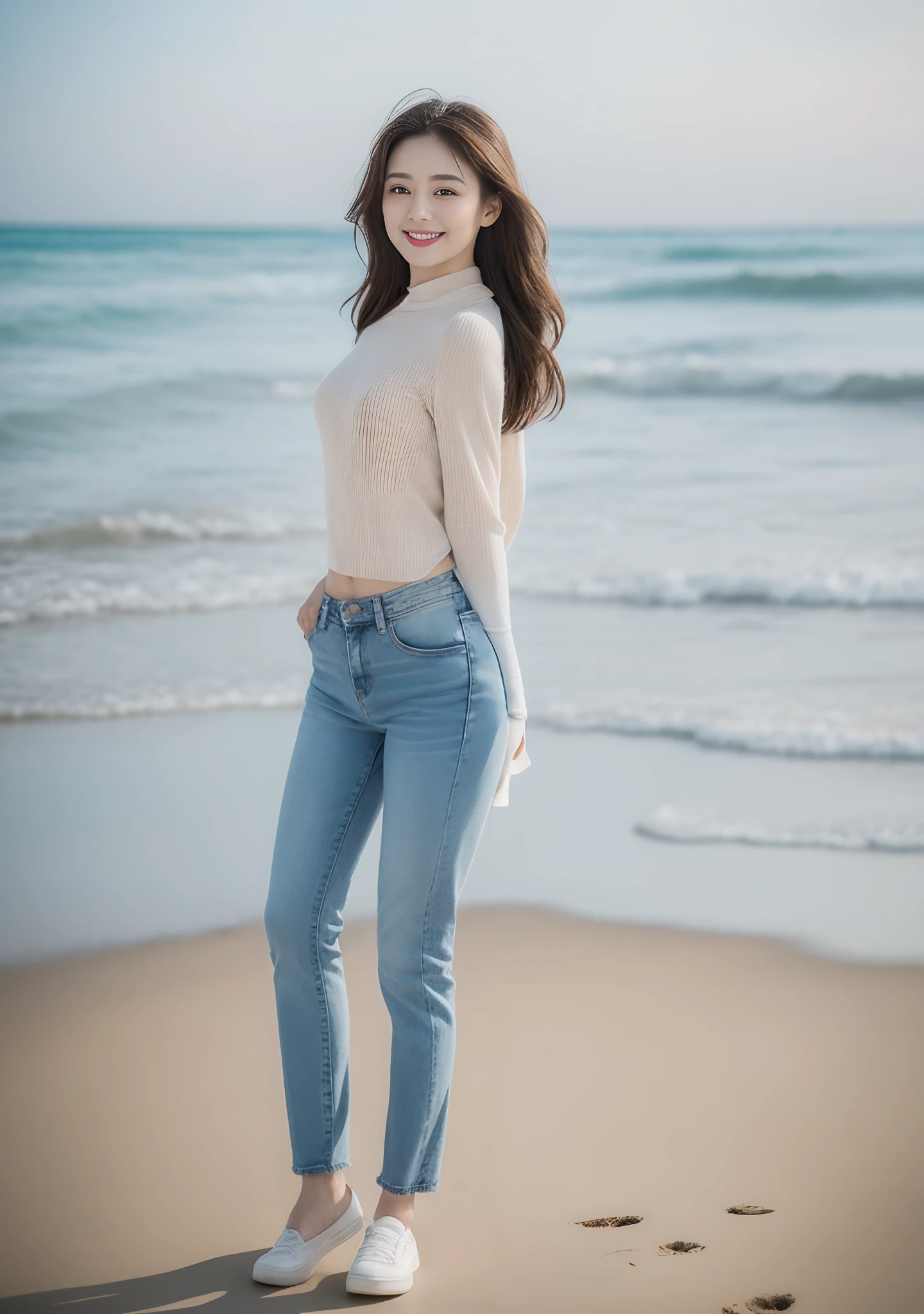 Woman in jeans on the beach,Practicing yoga movements(graceful movements),Full body shooting:1.8(RAW photogr,超高分辨率,8K,HD,tmasterpiece,best qualtiy),Complicated details, 20 years old Asian woman,Lady wears a tight sweater with a smoked gray cinto-bottom(Slim fit,Fit snugly to the body)and trendy jeans with open navels,Realistic and detailed costumes,Detailed beach,A sweet smile appeared on the little face,The face is white and tender,skin lightening,Ultra-realistic facial details,White skin and beautiful appearance,The skin is as fat as jade,The face is delicate and watery,Beautiful accessories,Playful and coquettish pose,The calves are straight and slender:1.5,Wear high-end branded travel shoes:1.5,eventide,warm color,Broad lighting,naturalshadow,taking a full body photo:1.8