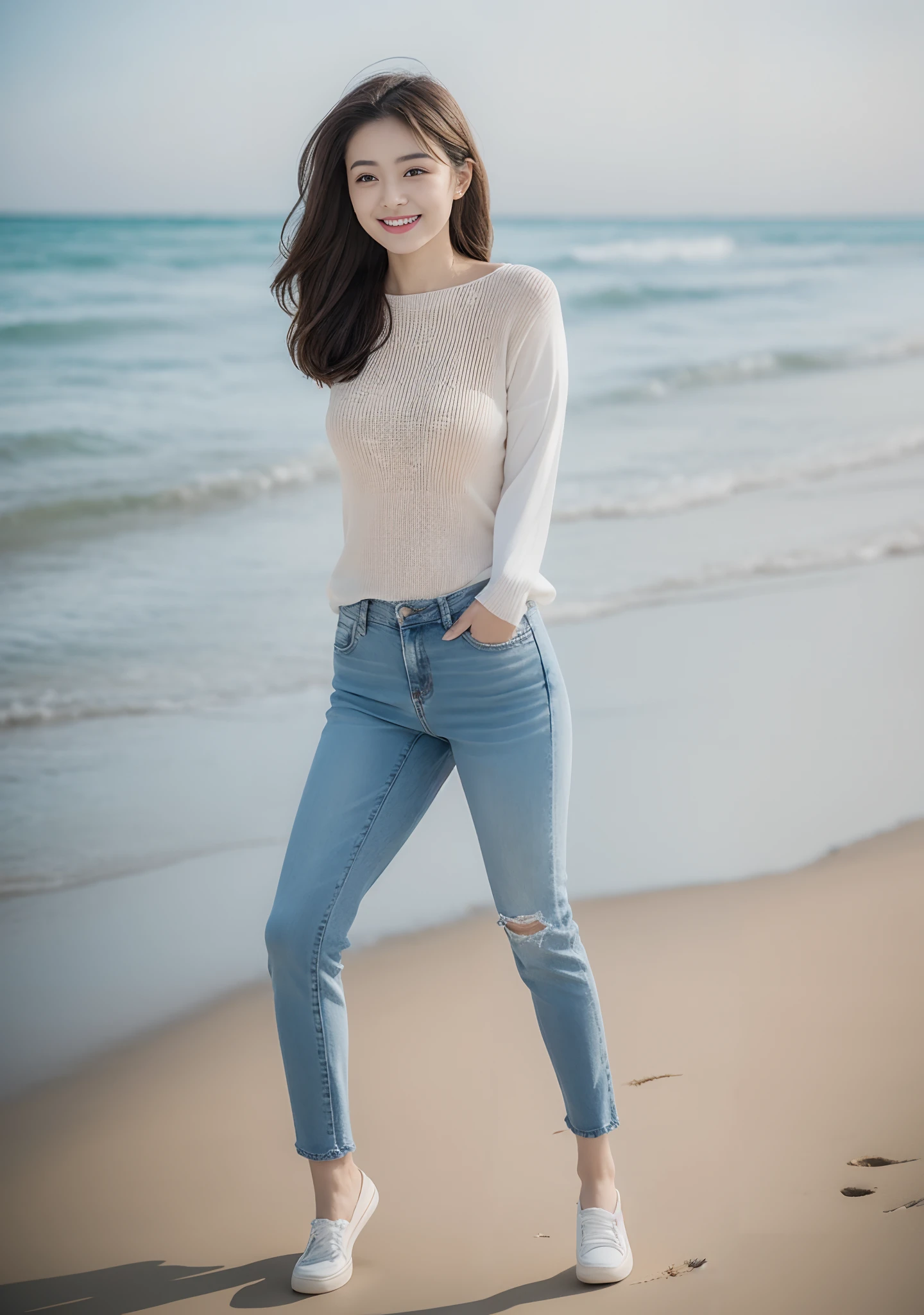 Woman in jeans on the beach,Practicing yoga movements(graceful movements),Full body shooting:1.8(RAW photogr,超高分辨率,8K,HD,tmasterpiece,best qualtiy),Complicated details, 20 years old Asian woman,Lady wears a tight sweater with a smoked gray cinto-bottom(Slim fit,Fit snugly to the body)and trendy jeans with open navels,Realistic and detailed costumes,Detailed beach,A sweet smile appeared on the little face,The face is white and tender,skin lightening,Ultra-realistic facial details,White skin and beautiful appearance,The skin is as fat as jade,The face is delicate and watery,Beautiful accessories,Playful and coquettish pose,The calves are straight and slender:1.5,Wear high-end branded travel shoes:1.5,eventide,warm color,Broad lighting,naturalshadow,taking a full body photo:1.8