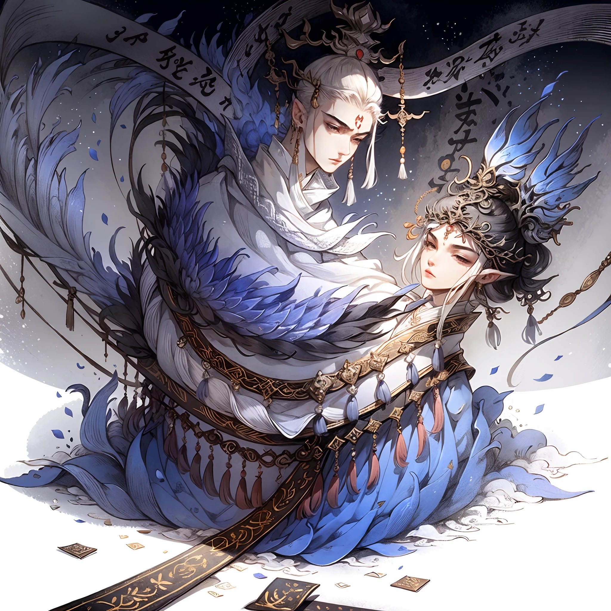 High ponytail boy,Wears a white headband,National style elements,A pair of talismans hang from his ears,Gossip elements,Taoist elements,The color of the clothes is gray, white and black ,There were runes around him,ancientry,Side writing is writing
