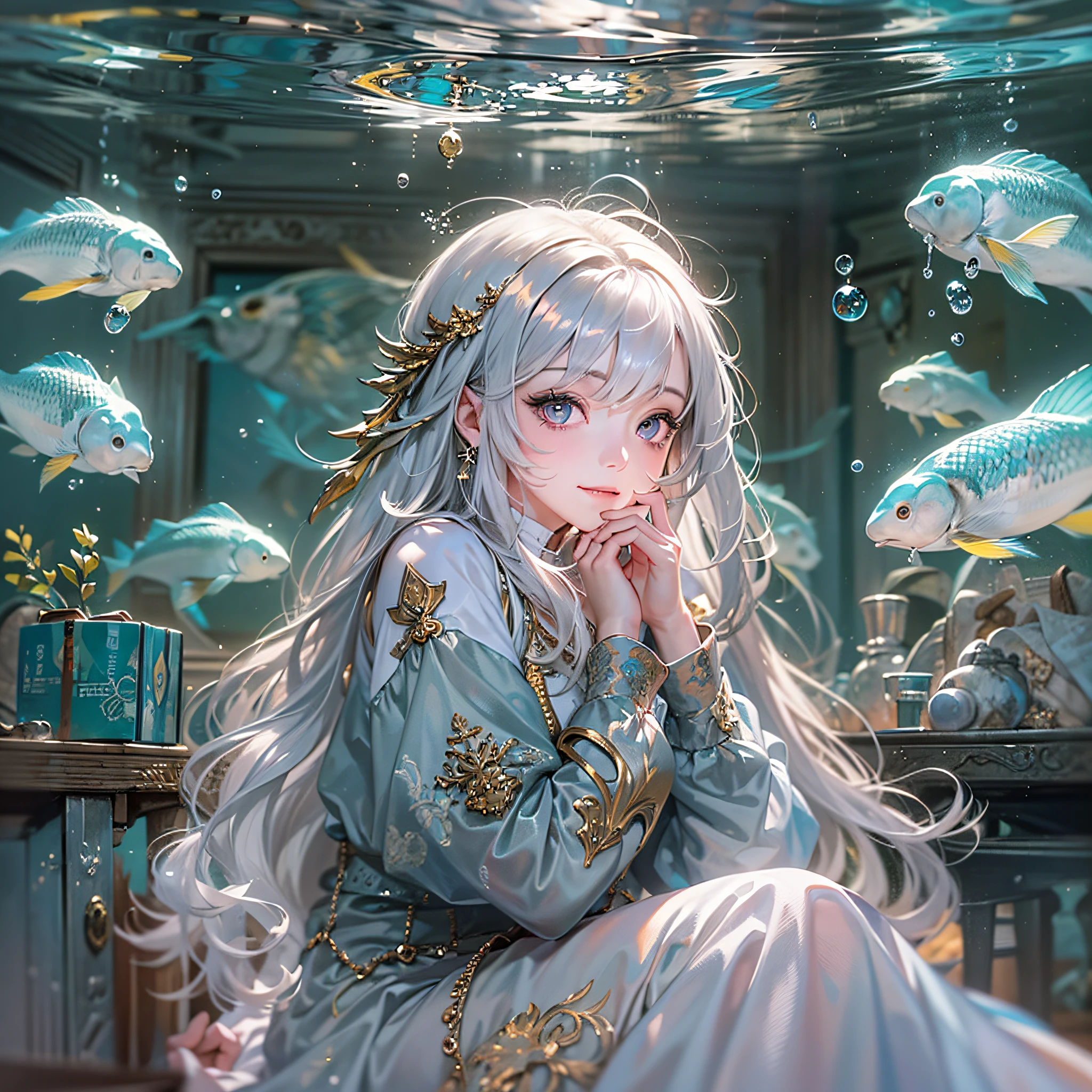 best quality, masterpiece, (realistic:1.2), 1 girl, detailed face, beautiful eyes, [(Transparent background:1.5)::5],(((masterpiece))),(((best quality))),(((extremely detailed))),illustration, 1girl,solo,mysterious,vivid color, shiny, underwater transparent sealed hemispherical glass dome, (white hair),(purple eyes), full body, barefoot, long hair tranquil nature, koi, Underwater, Dome, close up, Dynamic actions, Lens perspective,(((Box composition))),sit cross-legged and lean against the bookshelf, volumetric lighting, multi-color eyes, detailed eyes, hyper detailed, light smile, highly detailed, beautiful, small details, ultra detailed, best quality, intricate, 4k, 8k, trending on art station, good anatomy, beautiful lighting, award-winning,