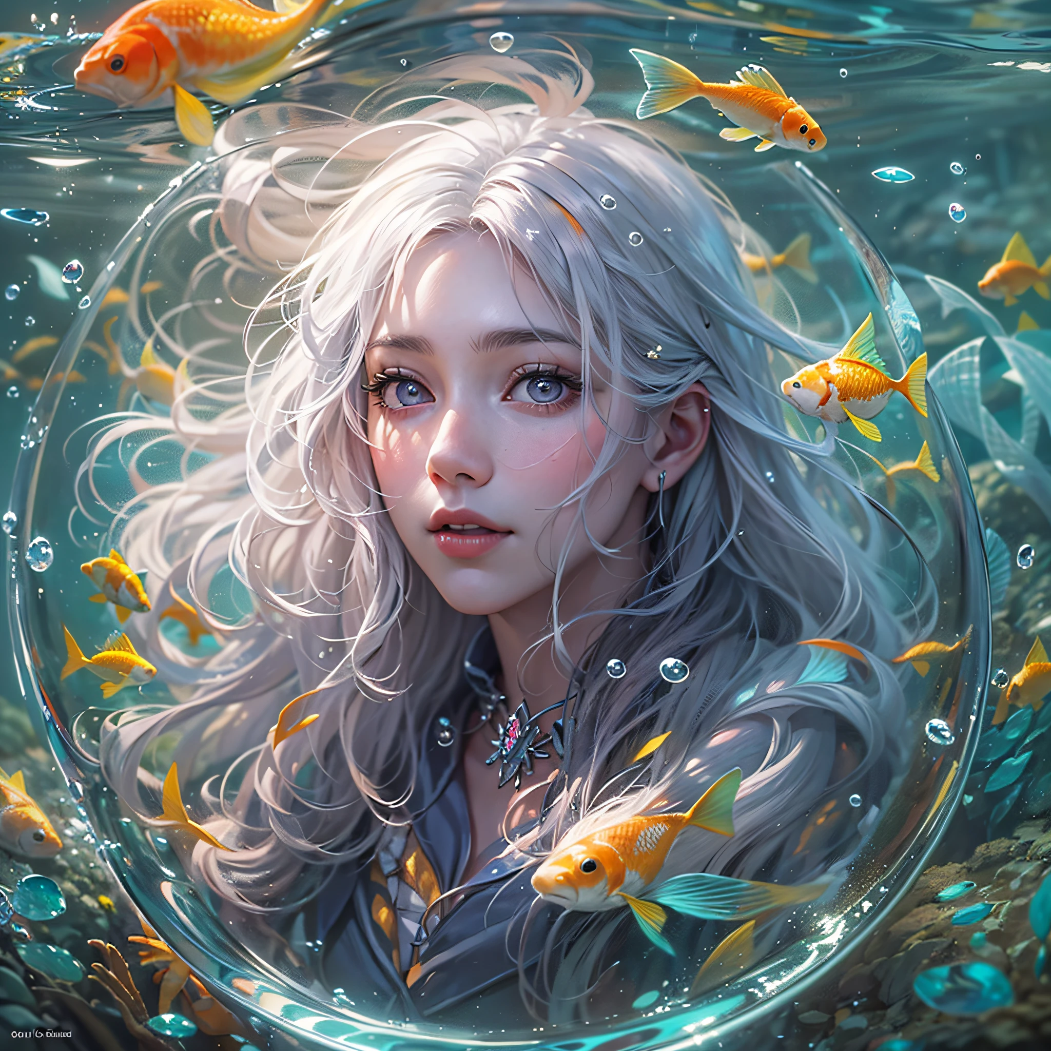 best quality, masterpiece, (realistic:1.2), 1 girl, detailed face, beautiful eyes, [(Transparent background:1.5)::5],(((masterpiece))),(((best quality))),(((extremely detailed))),illustration, 1girl,solo,mysterious,vivid color, shiny, underwater transparent sealed hemispherical glass dome, (white hair),(purple eyes), full body, barefoot, long hair tranquil nature, koi, Underwater, Dome, close up, Dynamic actions, Lens perspective,(((Box composition))),sit cross-legged and lean against the bookshelf, volumetric lighting, multi-color eyes, detailed eyes, hyper detailed, light smile, highly detailed, beautiful, small details, ultra detailed, best quality, intricate, 4k, 8k, trending on art station, good anatomy, beautiful lighting, award-winning,