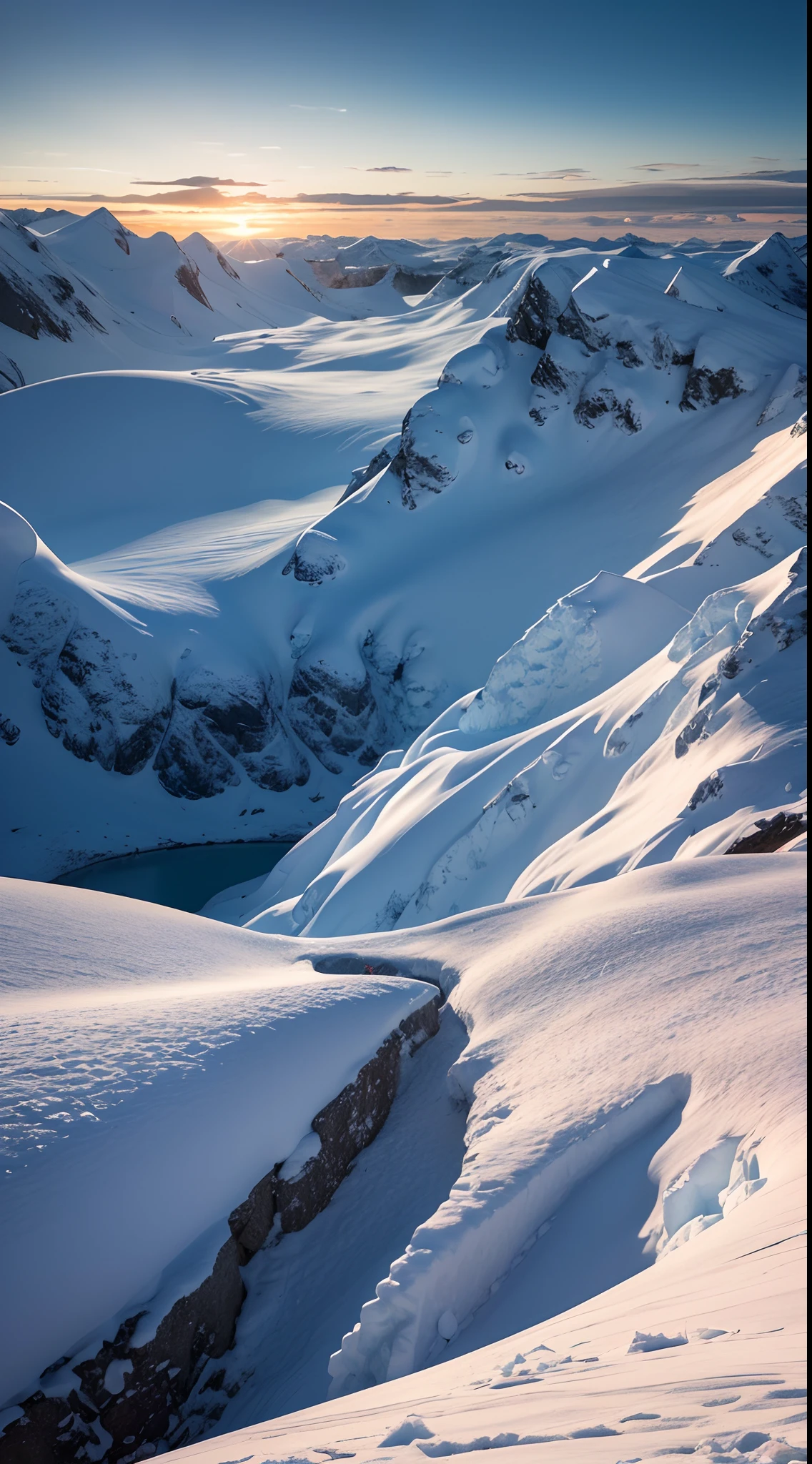 Skysky，the setting sun，Thick snow，ice mountain，polar region，8K wallpapers，extreme beautiful，winning artwork，perfect compositions