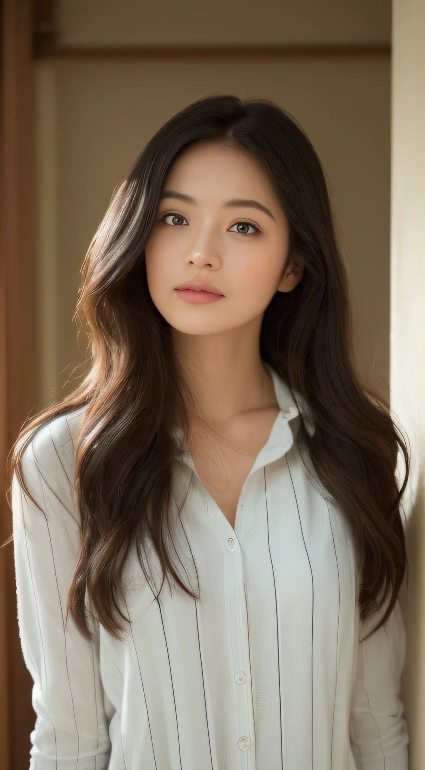 ((Best picture quality, Lens soft focus effect,Image color:cold shades,8K, tmasterpiece:1.3)), 1girll, Beautiful woman with slender abs:1.3, (Random messy long straight hair,No leakage of big breasts:1.2), Long loose white shirt(Or a morning dress),Secure the chest with buttons,The frontal audience stands at will,looking toward the viewer,full bodyesbian,Ultra-fine face, A detailed eye, 二重まぶた,ssmile,Spacious bedroom at home,The afternoon sun slanted indoors,The curtains blow in with the wind to block the body,Looming, Long light brown messy hair, Light brown eyes, 1girll, Innocent, (Photorealistic), (Intricate details:1.2),(Masterpiece, :1.3),(Best quality:1.4)((Best picture quality, Lens soft focus effect,Picture tone:cold shades,natural soft light,8K, tmasterpiece:1.3)), 1girll, White buttoned long-sleeved shirt(Only one button is buttoned ),Stand freely in front of you,Look at the audience at eye level,Ultra-fine face, A detailed eye, 二重まぶた,ssmile,The bedroom is homely,Afternoon sunlight floods indoors,The curtains blow in the wind, Brown messy long straight hair, Black colored eyes, Innocent, Photorealistic, photorealestic,Real Human,(Intricate details:1.2),(Masterpiece, :1.3),(Best quality:1.4)