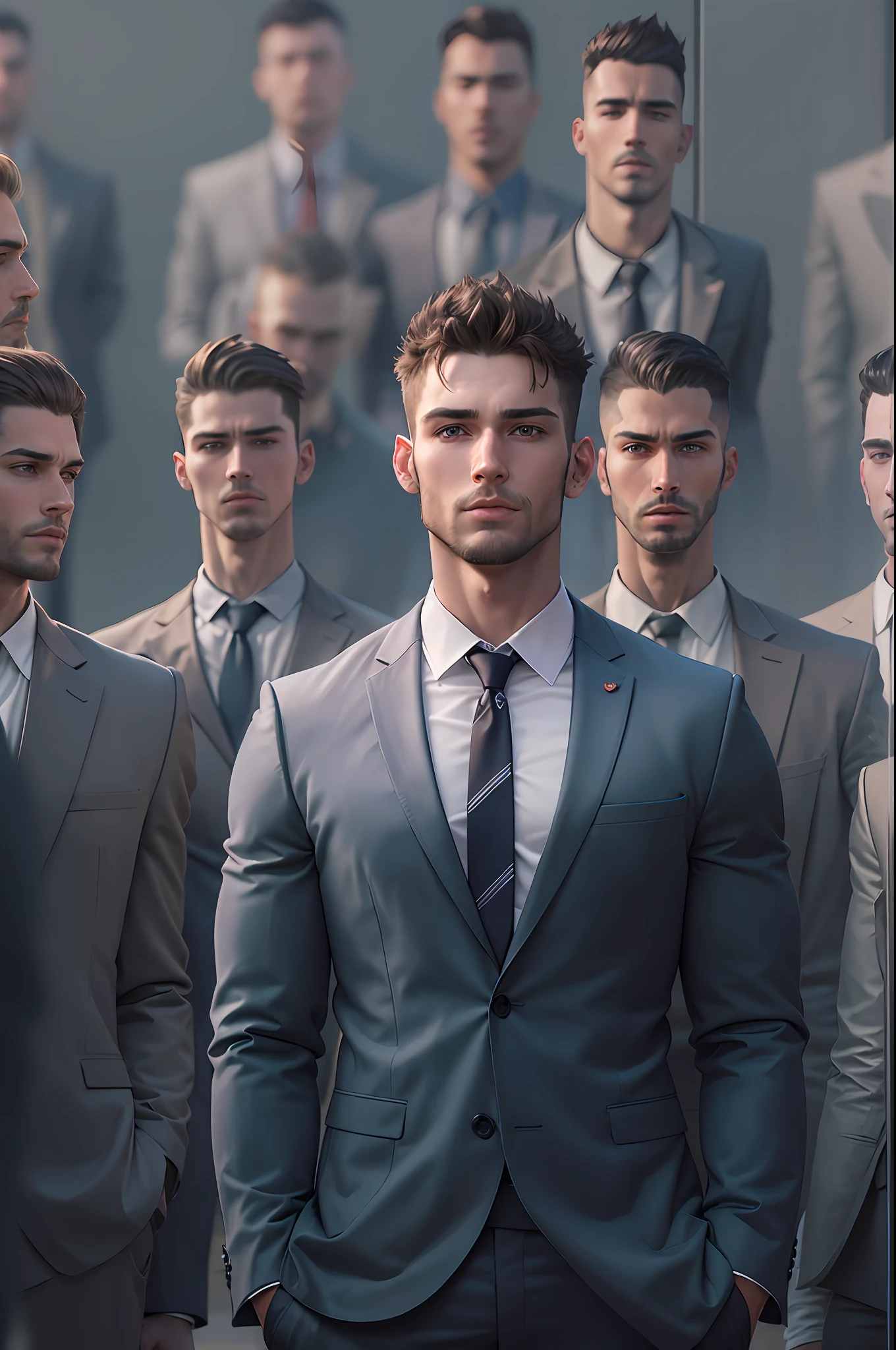 There's a businessman standing in front of a group of men gathered and watching, macho atraente, beautiful symmetrical faces, macho atraente, modelo masculino, humano/Hybrid tank, Precise symmetric human characteristics, Homem se destaca na foto, multiple faces, Realistic hybrid face body and body, The perfect human male specimen, homem bonito, no distortion on subject faces, Macho bonito. Foto realista, ultra realista,realista, foto realista, foto de cinema, ultra realista, 1 pessoa, detalhado, perfect lighting, DSRL, foto profissional, 4k --auto --s2