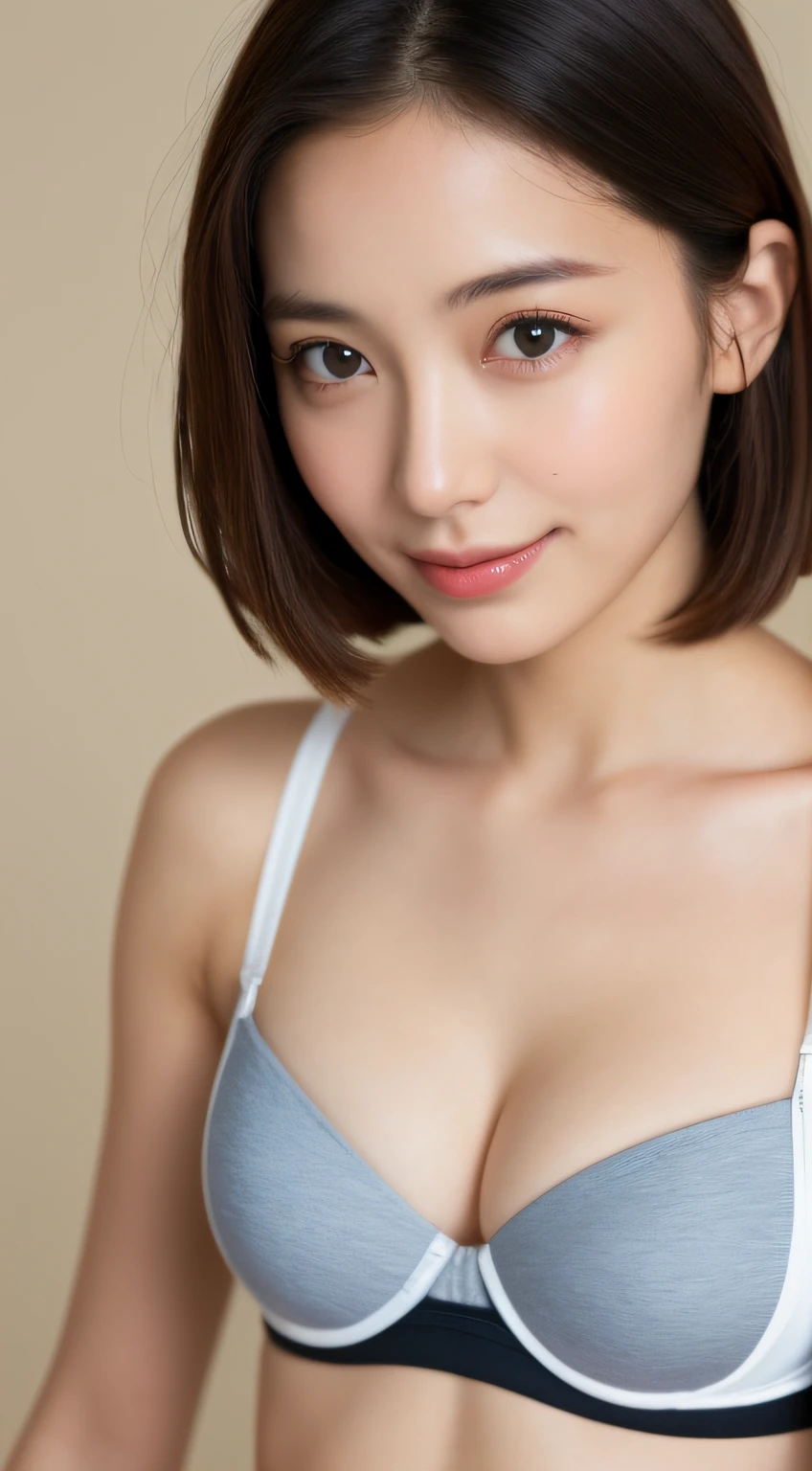 ((Best picture quality, 8K, tmasterpiece:1.3)), 1girll, Beautiful woman with slender abs:1.3, (Casual hairstyle, :1.2), Pink low-cut bra，Super large，The skin is very white，Ultra-fine face, A detailed eye, 二重まぶた，ssmile。Take pictures in cute poses，The figure is very bad，tiny small waist，Super big breasts，Close-up，Close-up chest，White-skinned，The background is casual，Close-up Shot Shot