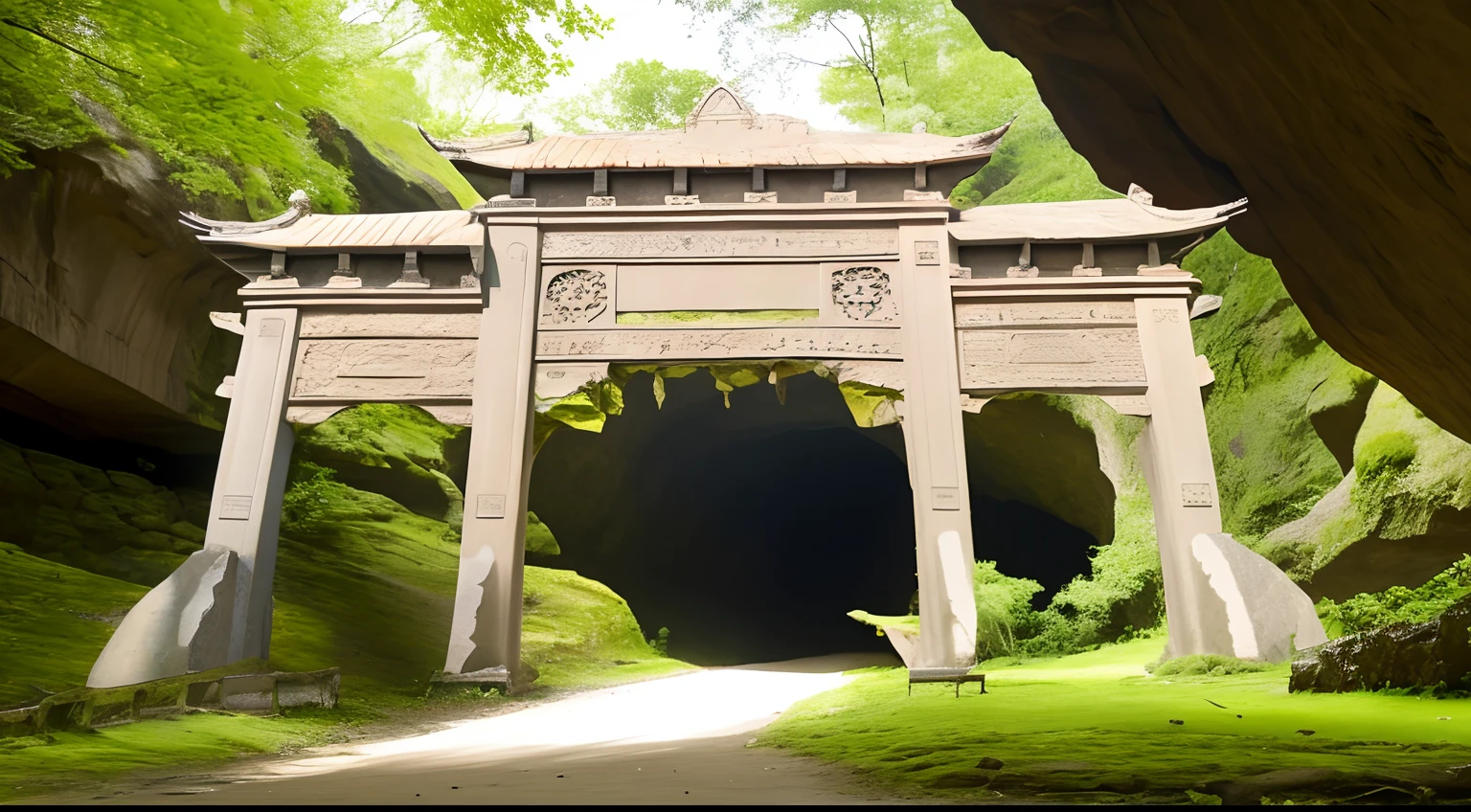 There is a stone arch with a gate in the middle of the cave