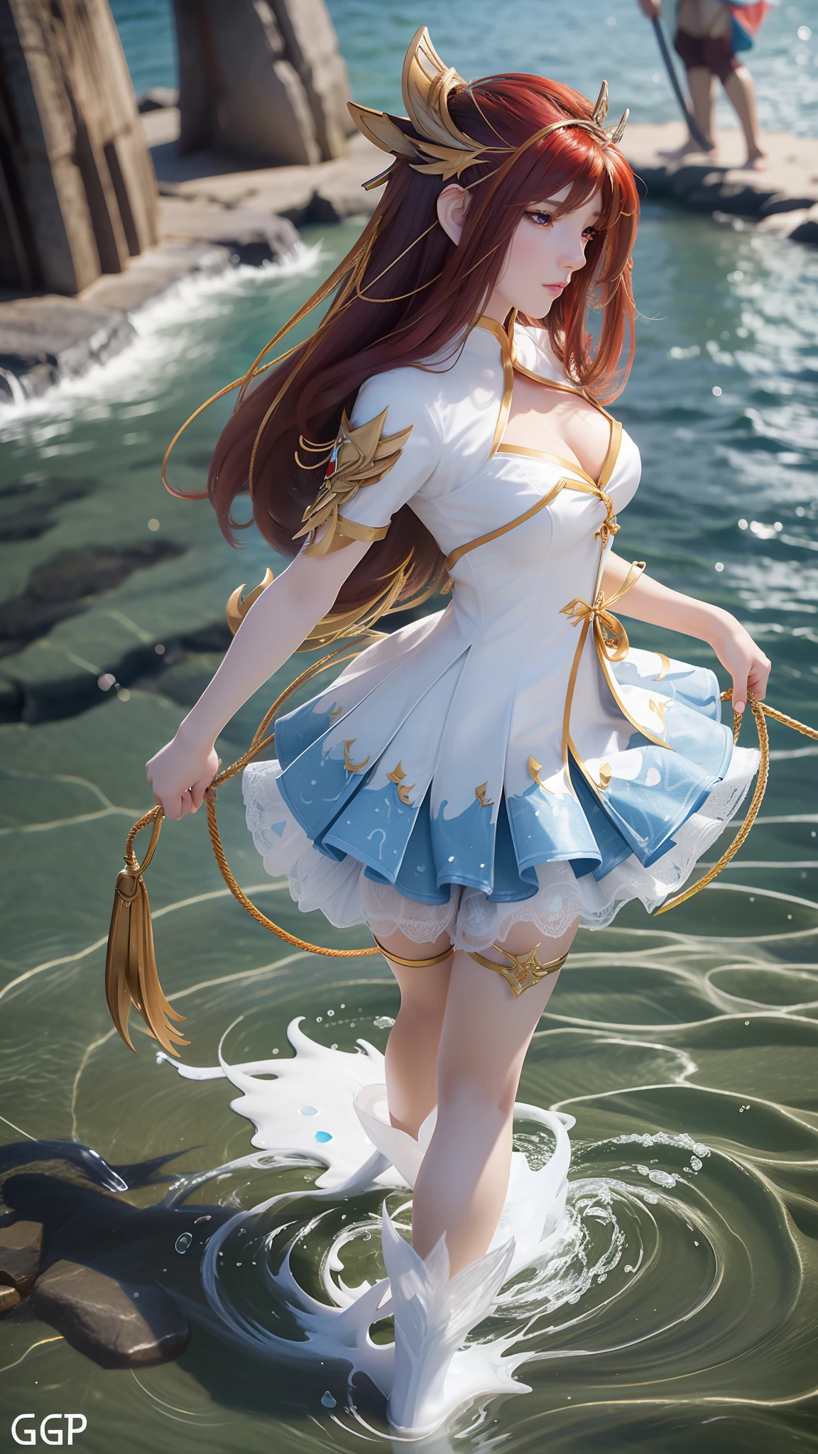 Alabi in a blue and white dress standing in the water, Anime girl walking on water, closeup fantasy with water magic, azur lane style, trending on cgstation, Anime girl cosplay, seraphine ahri kda, Splash art anime Loli, trending at cgstation, realistic water, water fairy, WLOP and Sakimichan
