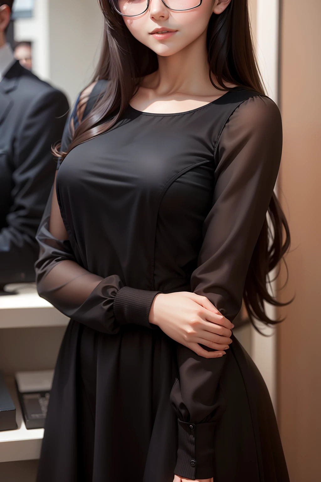 a close up of a woman wearing glasses and a black dress, With glasses, young and cute girl