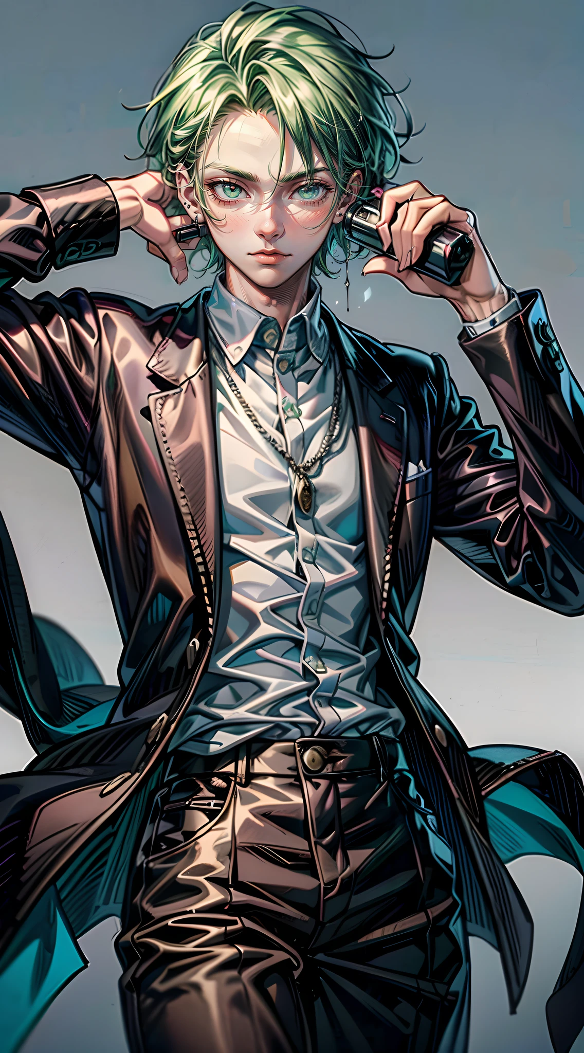 ((masutepiece: 1.4, Best Quality)), ((masutepiece, Best Quality)), Short green hair and big eyes, 19-year-old young man, Delicate hair, real face, Suit, Holding a gun in both hands,Lots of piercings, Dark atmosphere
