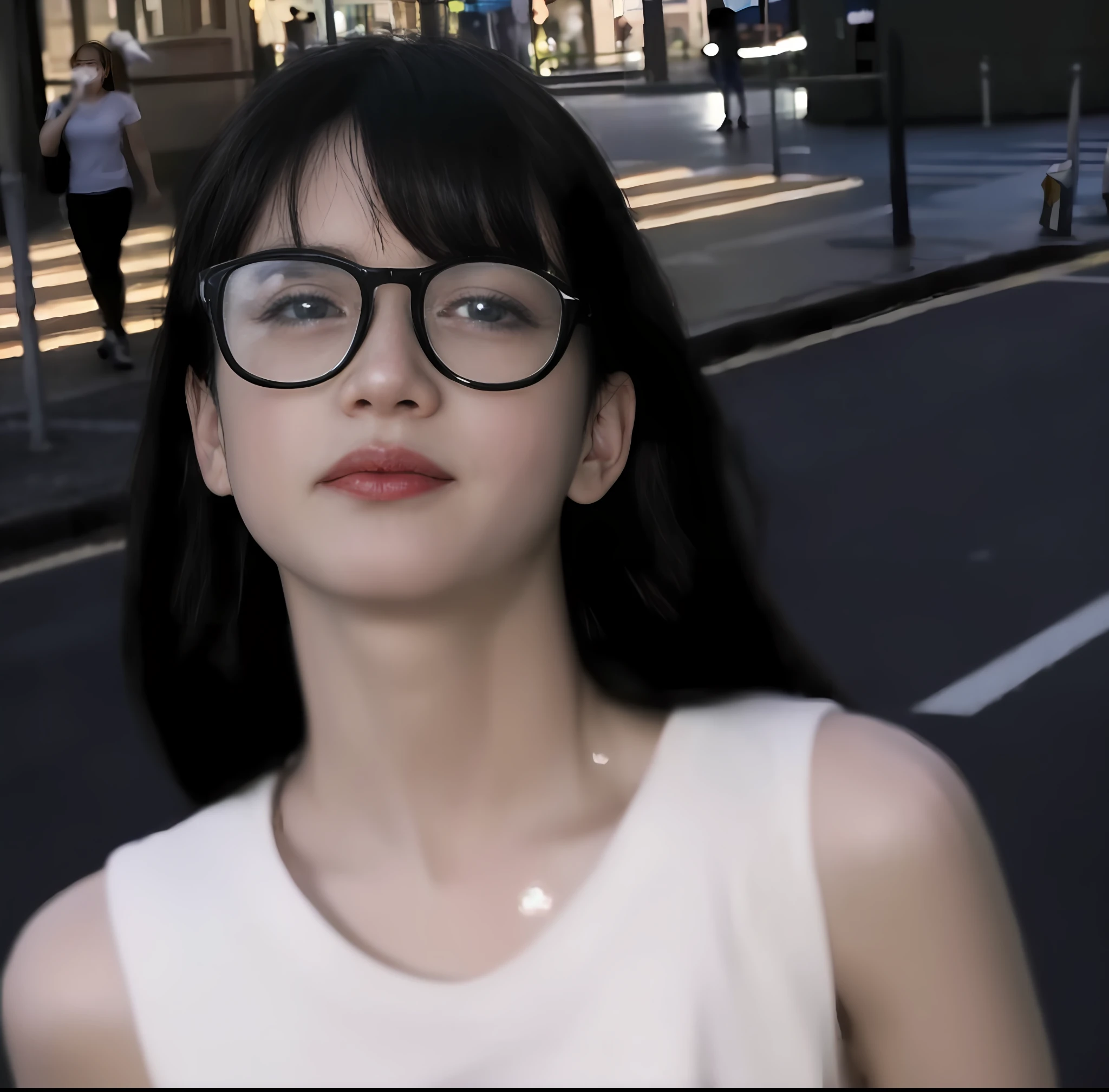 A woman with glasses stood on the street, very very low quality, very low quality, With glasses, very very low quality picture, grainy low quality, low quality footage, ulzzangs, low quality grainy, She has a cute face, 19-year-old girl, clear cute face, girl screamin yolo - aesthetic