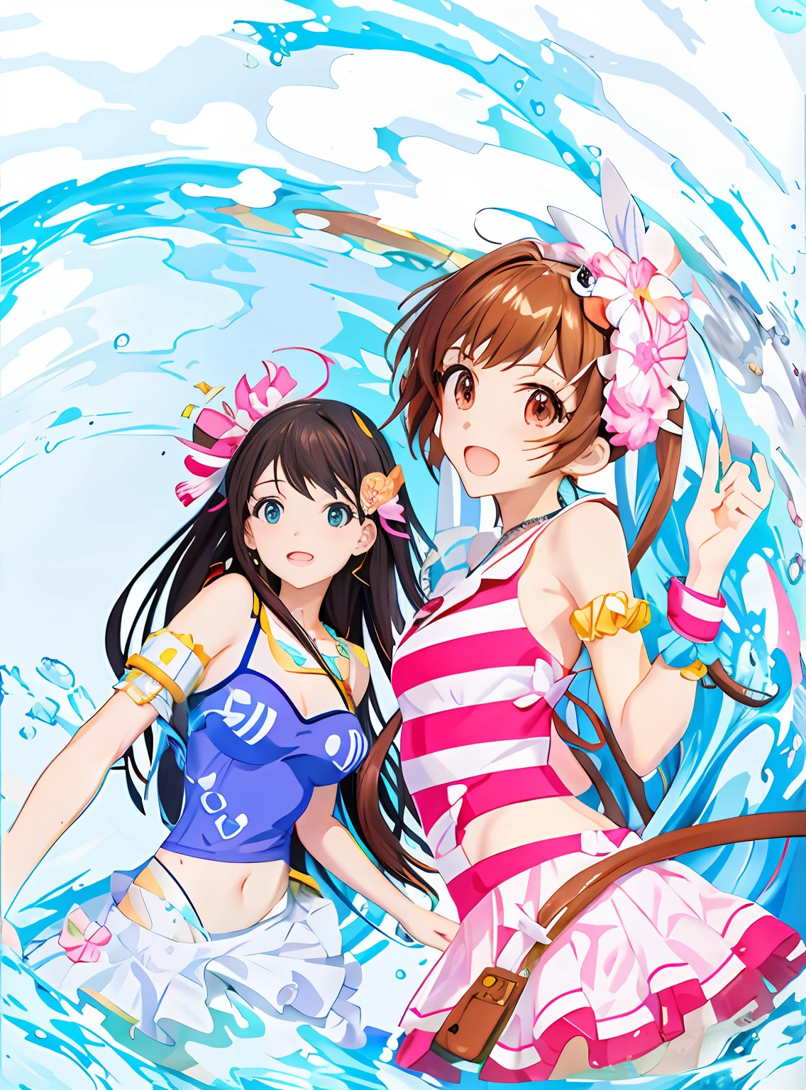 Highest quality、High resolution、Detailed Background、(Beautiful face in every detail:1.4)、Anatomically correct、(Detailed facial expressions)、(fine grain:1.2)、8-year-old beauty、cuteカラーの髪色、Braided Ponytail、Braided bob cut、Braided twin tails、Navy School Swimsuit、(Flat Chest)、Perfect body line、Thick thighs、Please show me your whole body、 (Five beautiful girls in school swimsuits having fun in the school pool:1.5)、 Big smile、Laughing with your mouth open、My whole body is wet、My hair is wet too、Fun atmosphere、Embrace each other、cute仕草、cute