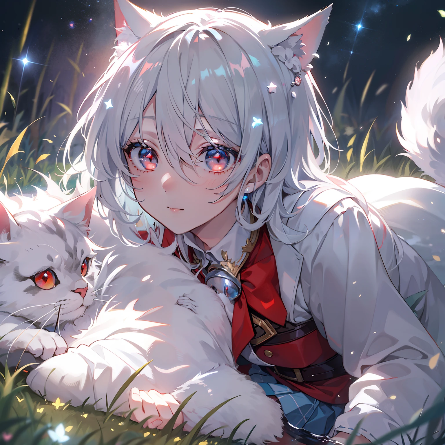 White-haired cat lady, Light blue skirt, Red eyes, grassy fields, small stream, Look up, A river of stars。, chiaroscuro, cinematic lighting, glowing light, UHD, masterpiece, high details, textured skin, award winning, 8k, best quality