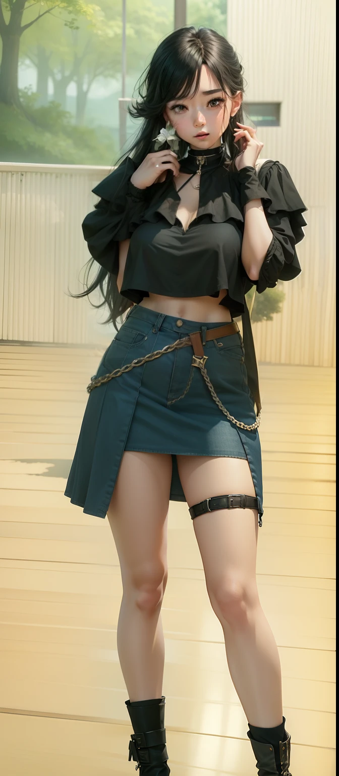 ((dark light,top-quality,8k,tmasterpiece:1.3)),(focal:1.2),1girll,(hilltop,Sea of Clouds,big trees:1.5),(Beauty with slender abs:1.4),((Layered Hair Style,little breast:1.4)),{no-bra:1.5},(short denim skirt:1.4), Highly Detailed Face and Skin Textur, Fine Eye, 二重まぶた, Whitens the skin, (full bodyesbian:1.5),