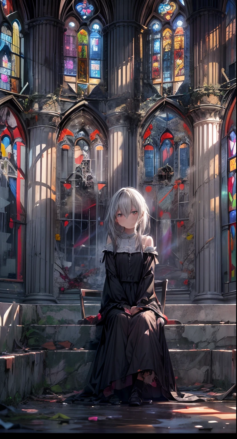 extremelydetailedwallpaper, Ultra-detailed details, detailed shadow, very precise detail, Extremely detailed 8k wallpaper, very fine 8KCG wallpapers,An old abandoned church. The girl who sat down. Her black dress was torn and stained in some places. Her dull white hair was long and fluffy. Light enters through cracked stained glass windows.