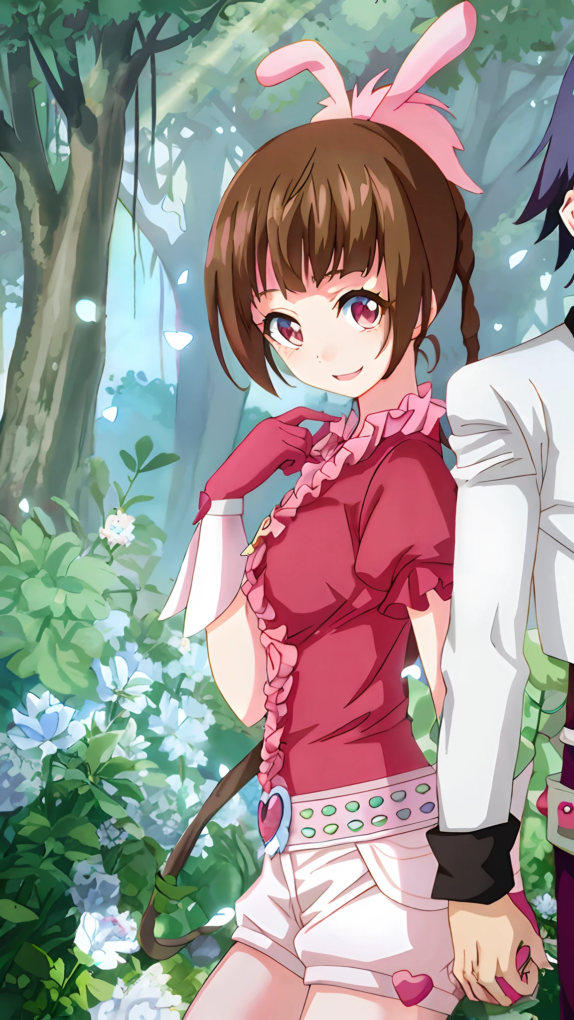 Anime couple in the woods，Flowers and trees in the background, A magical girl in the Enchanted Forest, Sexy **** in the Enchanted Forest, anime lush john 8k woods, insect trainer girl, close up iwakura lain, In anime style, shoujo romance, style of anime》, Anime Stylization, anime moe art style, made with anime painter studio