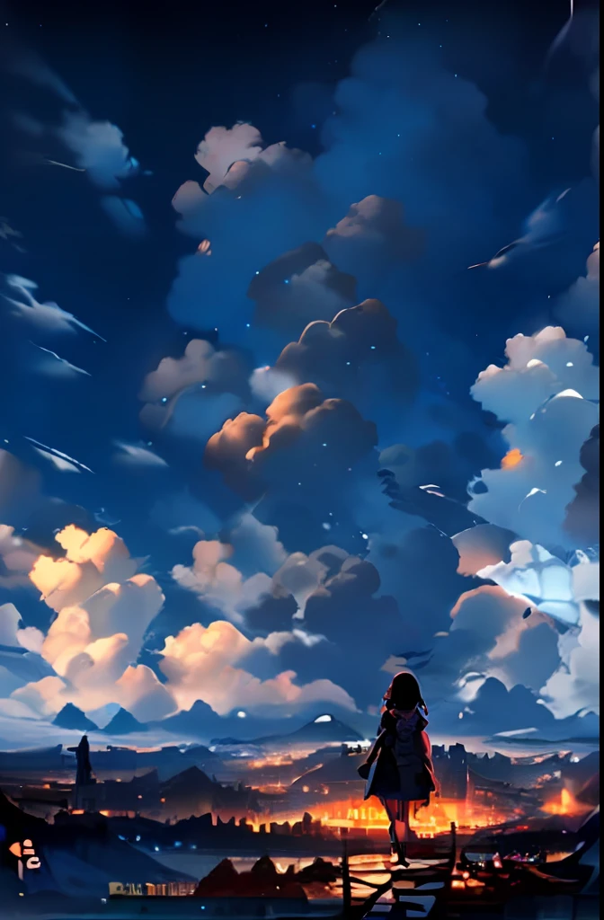 Expansive landscape photography，（a bottom view showing the sky above and open country below），a girl standing in a field of flowers looking up，（moon full：1.4），（meteors：0.9），（Starcloud：1.3），mountain in the distance，tree-breaking production art，（Warm light source：1.2），（glowworm：1.2），lamp lights，Lots of purple and orange，Complicated details，Volumetriclighting，BREAK realism（tmasterpiece： 1.2） ， （best qualtiy）， 4K， ultra - detailed， （Dynamic synthesis： 1.4）， highly  detailed， Colorful detailed， （Irridescent color： 1.2）， （Bright lighting， Atmospheric lighting）， dream magical， magic， （独奏： 1.2）