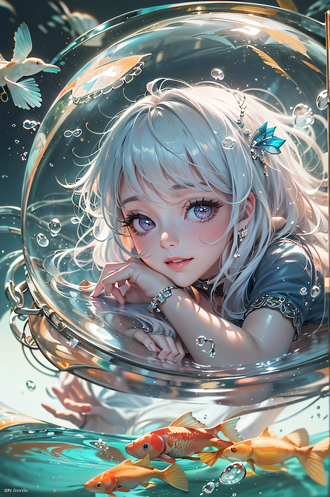 best quality, masterpiece, (realistic:1.2), 1 girl, detailed face, beautiful eyes, [(Transparent background:1.5)::5],(((masterpiece))),(((best quality))),(((extremely detailed))),illustration, 1girl,solo,mysterious,vivid color, shiny, underwater transparent sealed hemispherical glass dome, (white hair),(purple eyes), full body, barefoot, long hair tranquil nature, koi, Underwater, Dome, close up, Dynamic actions, Lens perspective,(((Box composition))),sit cross-legged and lean against the bookshelf, volumetric lighting, multi-color eyes, detailed eyes, hyper detailed, light smile, highly detailed, beautiful, small details, ultra detailed, best quality, intricate, 4k, 8k, trending on art station, good anatomy, beautiful lighting, award-winning,