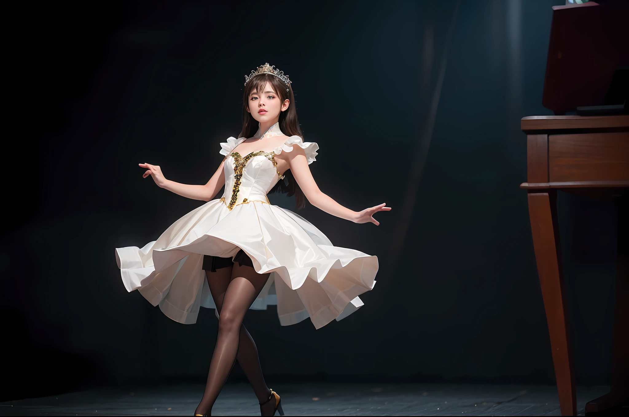 Hu Xiaohui
masterpiece,Best quality,Cinematic lighting,hyper photorealism,Depth of field,Photography,超高分辨率,Photorealistic,8K,photore,hyper photorealism,Studio lighting,Photography,xiaoyuechan,1Blittle girl ,Solo,cute female child,vibrant, Lively and lively tones,standing,Whole body ,Delicate skin,Shine skin,Looking at the audience,Attractive posing,Thighs,Long legs,White high heels,Depth of field,xiaoyuechan,heartthrob_Costume,xiaoyuechan_face,White pantyhose,big headed,Long thick black hair,Thick bangs,Super big eyes,Big face,Girl idol,On a brightly lit stage,Gorgeous princess puffy dress,Idol performance costumes,Small of breast,Flat chest,Next to the girl was a big strong tiger,Girl posing with tiger