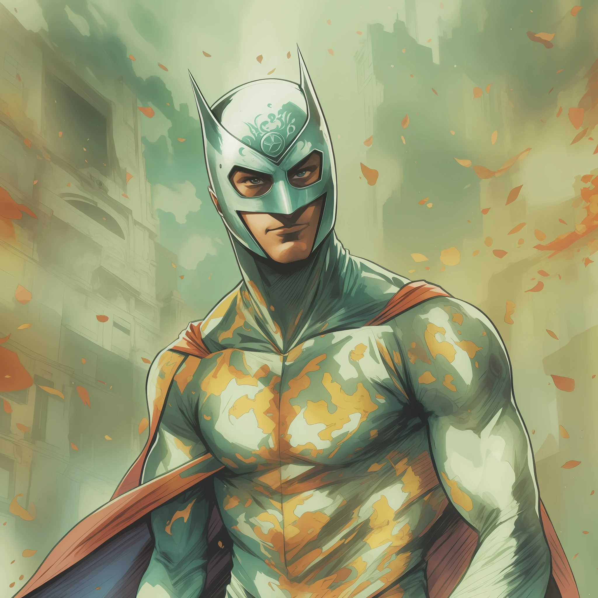 Imagine the manga-style illustration of a masked superhero posing as a comic book cover, como HQs, digital illustation, Aquarela