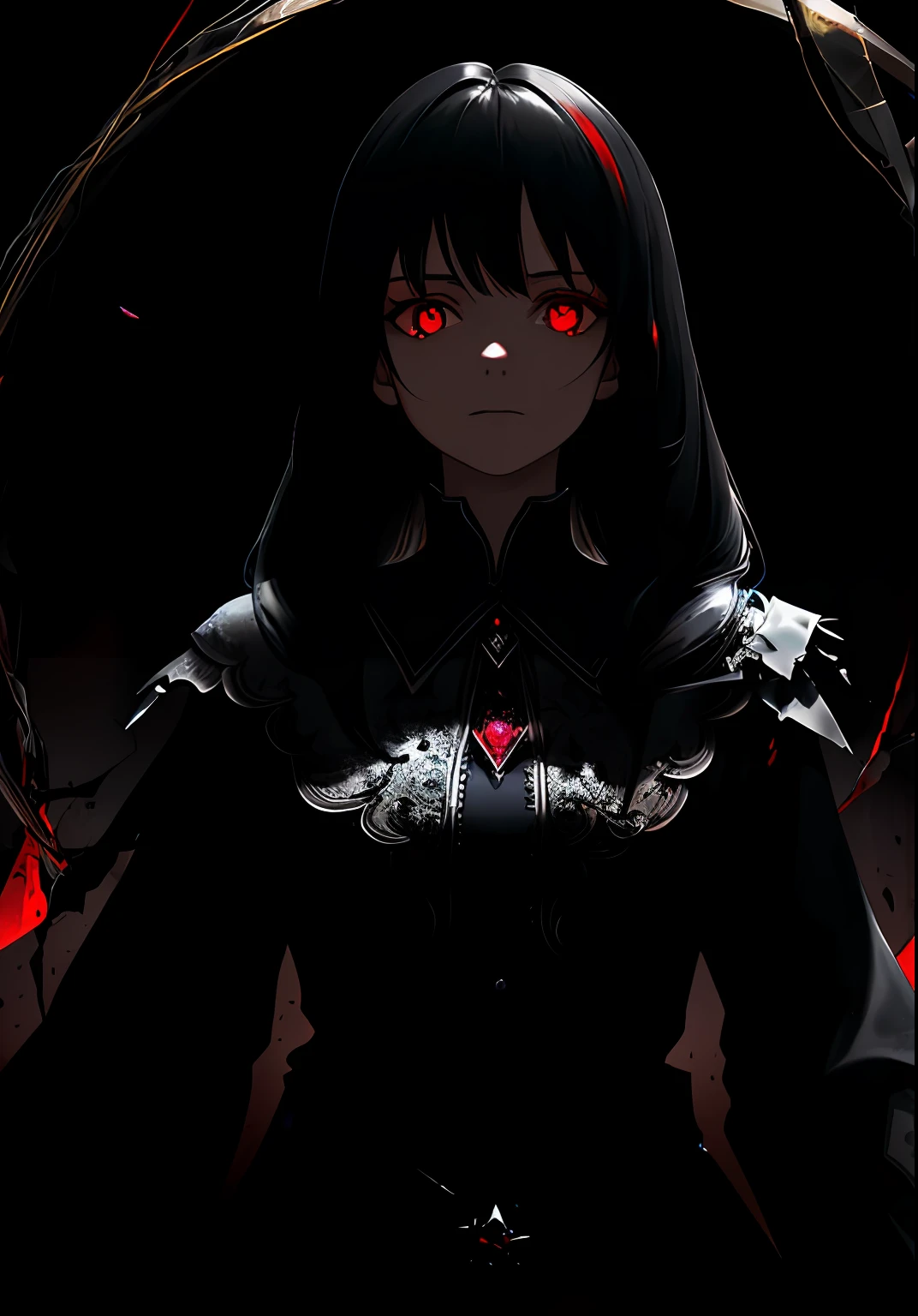 (Masterpiece, Best quality, Ultra-detailed, Best shadow), (Detailed background,Dark fantasy), (Beautiful detailed face), High contrast, (Best illumination, An extremely delicate and beautiful), ((Cinematic light)), Colorful, hyper-detailing, Dramaticlight, Intricate details, (1 girl, Solo,Black hair, sharpy face,Low Twin Tails,Red eyes, hair between eye,Dynamic Angle), blood spatter, swirling black light around character, Depth of field,Black light particles,(Broken glass),Magical Circle,