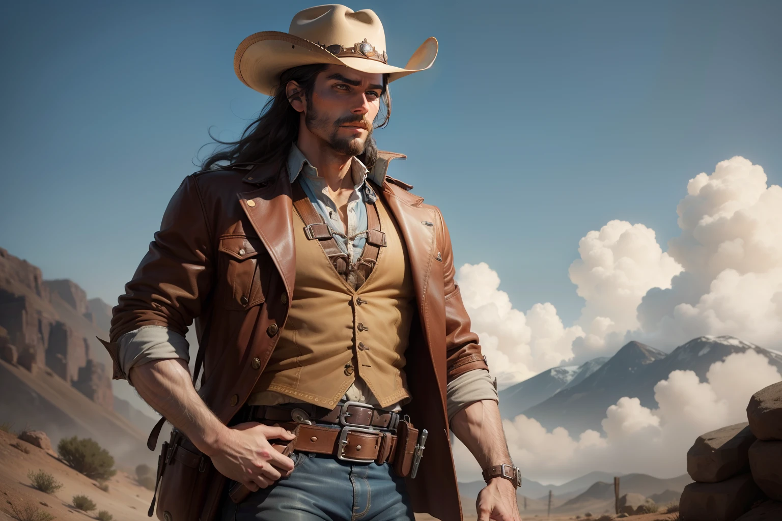 Western cowboy holding a pistol in each hand
