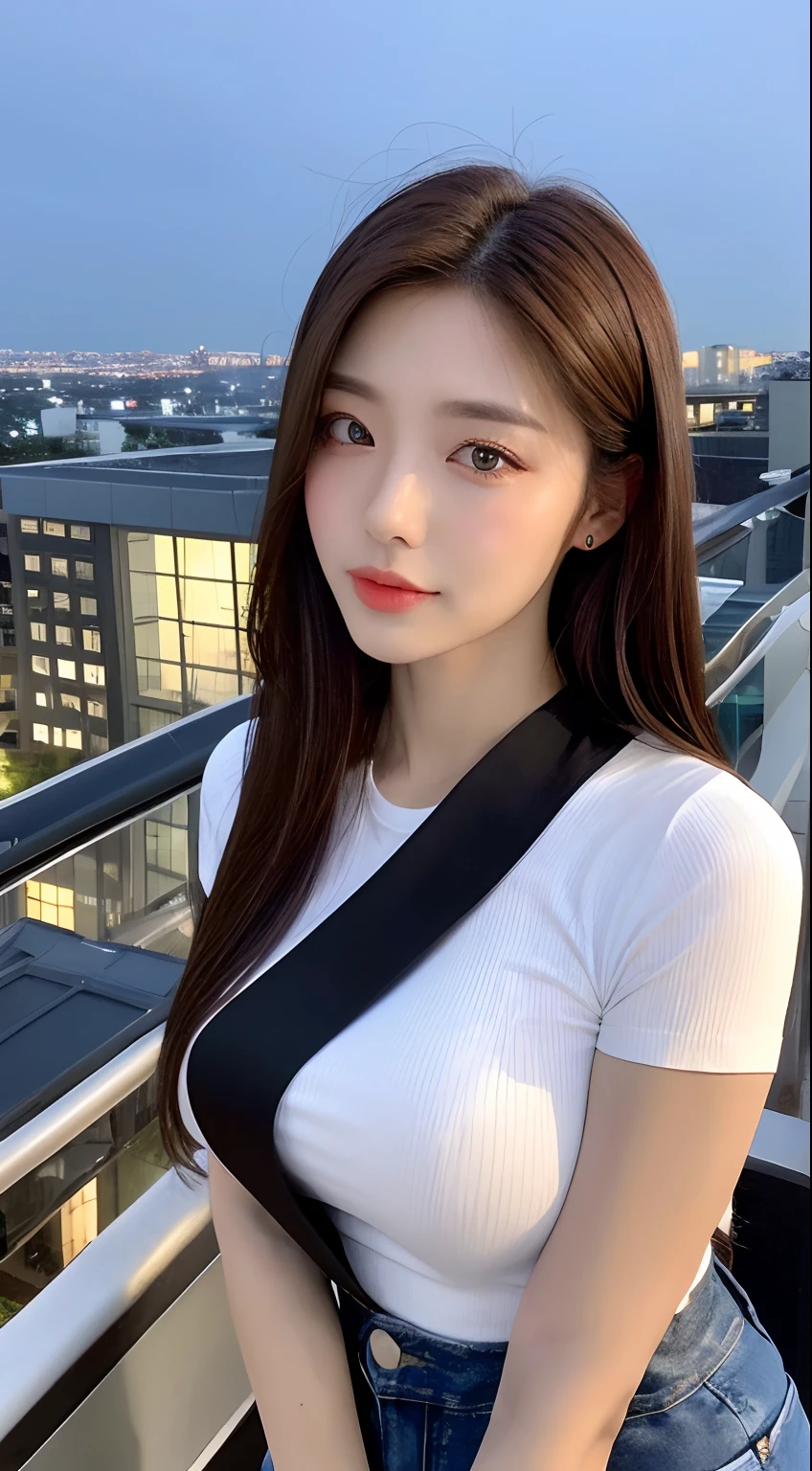 ((midynight, need, 8K, masterpaintings:1.3)), Whole human body, Long legs, Focalors:1.2, perfect figure beautiful woman:1.4, Slim abs:1.1, ((Dark brown hair, Large big tits:1.2 )), (Pink skinny T-shirt, Denim suspenders, to stand:1.2), ((city night scene, roof top:1.3)), Highly detailed facial and skin texture, detailed eye, 双眼皮