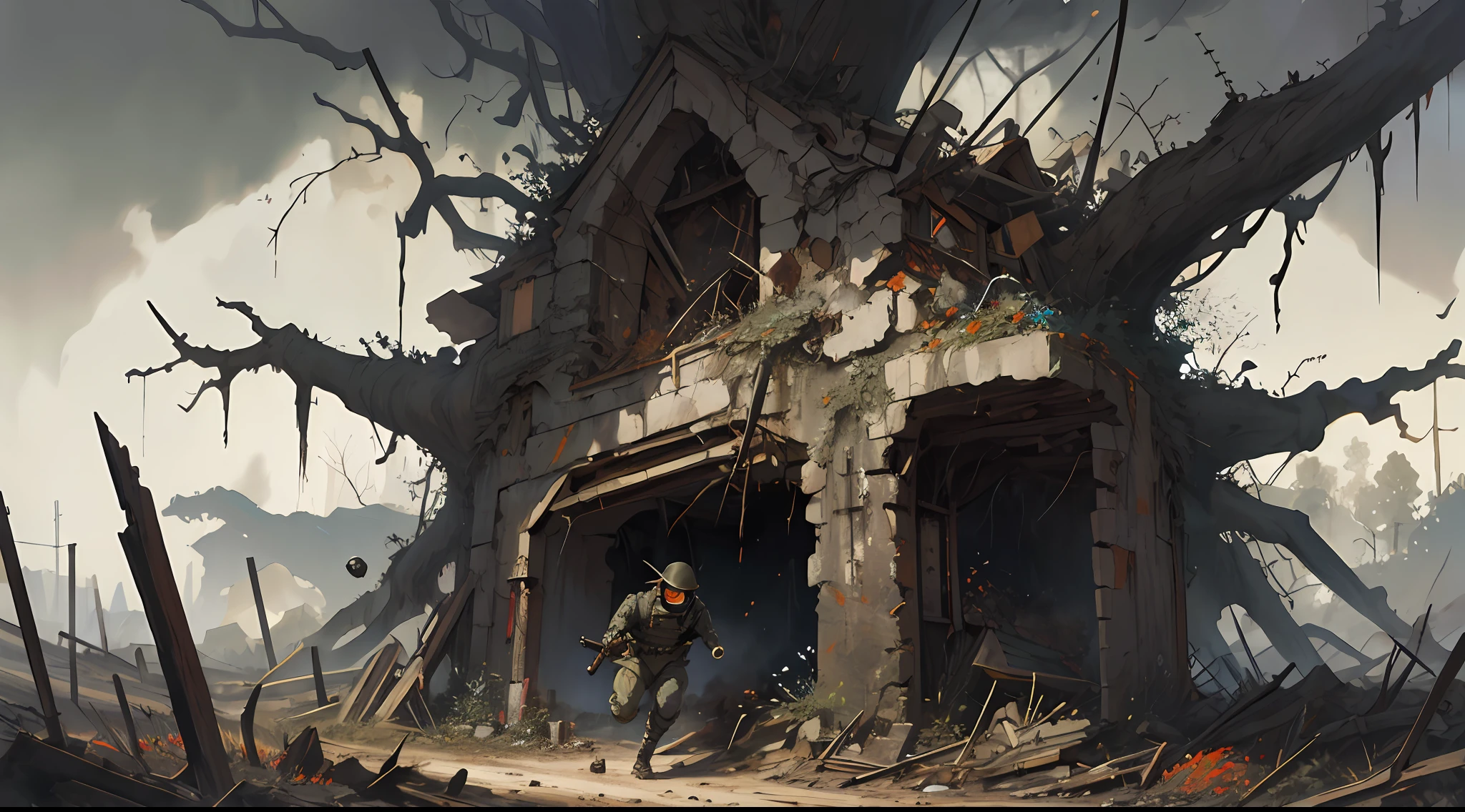 Painting of a ww1ger with a gas mask (running on the battlefield), craters, corpses, explosions, French flag, artillery, explosions, smoke, dirt, dark skies, Frostbite,Barbed wire, Dank, Stench of decay,Acrid taste,Screams, Discordant, Numbness,Disillusionment,Trauma, Wilted flowers, Chiaroscuro, Radial balance, Triadic, in the style of (Hieronymus Bosch:1.1), dark, ultra detailed, intricate, surrealism, oil on canvas, dry brush,