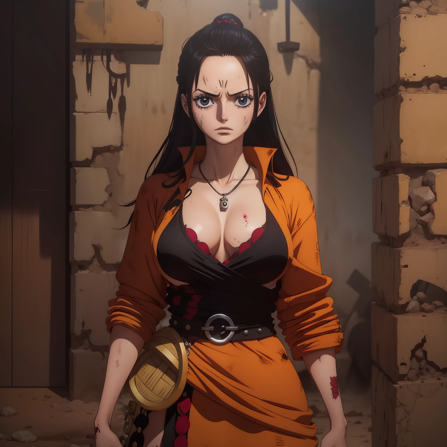 melhor qualidade, obra prima, u detalhada, from one piece, Estilo One Piece, Arte do local, arte chave, uma mulher presa com algemas de correntes, with a very sad expression, com as roupas rasgadas e sujas, cheia de machucados no corpo e no rosto, with blood on the hands, mulher com o cabelo preto solto comprido e com os olhos vermelhos, prison dungeon,  roupas rasgadas e sujas, algemas de correntes, perfect hands dirty with blood, sendo salva por um homem espadachim de cabelos compridos pretos