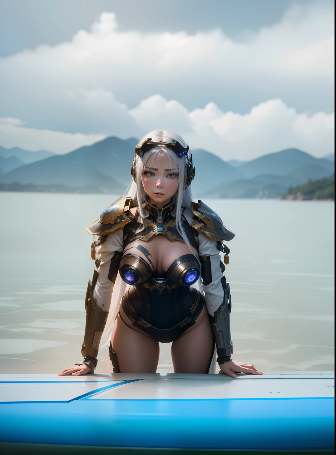 Masterpiece, best quality, super detailed, very detailed illustrations, very detailed, intricate details, high resolution, super complex details, very detailed 8k cg wallpaper, 50MM lens, caustics, reflections, ray tracing, nebulae, dark halos, network effects, (1girl:1.4), solo, alone, mecha musume, mechanical parts, robot joints, single mechanical arm, headgear, mechanical halo, star halo, electric mechanical bodysuit, mecha corset, kimono, full armor, very long hair, white hair, hair between eyes, multicolored hair, blue eyes, glowing eyes, random expression, random action, ancient chinese architecture, starry sky, skyline,