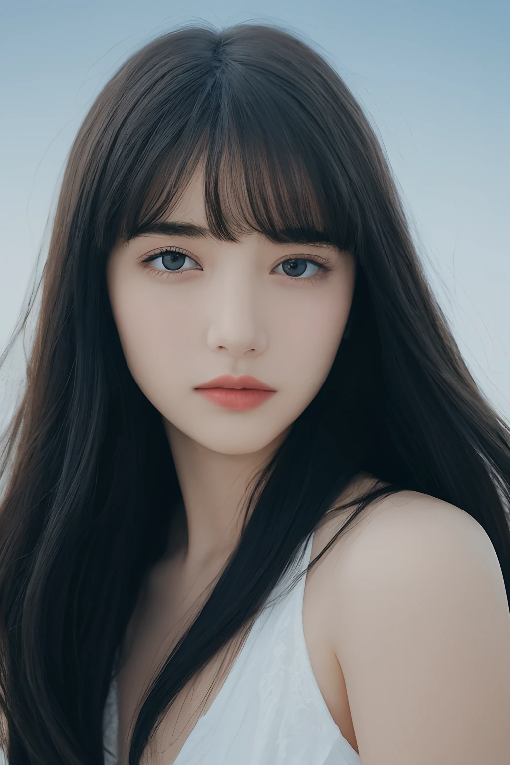 (detailed and realistic portrait of a girl with a clean face), (round eyes and long flutters hair shot outside),staring at camera,magical photography, dramatic lighting, photo realism, ultra-detailed,
 intimate portrait composition, (centered image composition),(close up shot:1.6),best quality,f/1. 8, 85mm,
(28years asian woman), black_hair,(black_eyes:1.2),(bangs),makeup,white_dress,
(hazy blue_sky_background)
