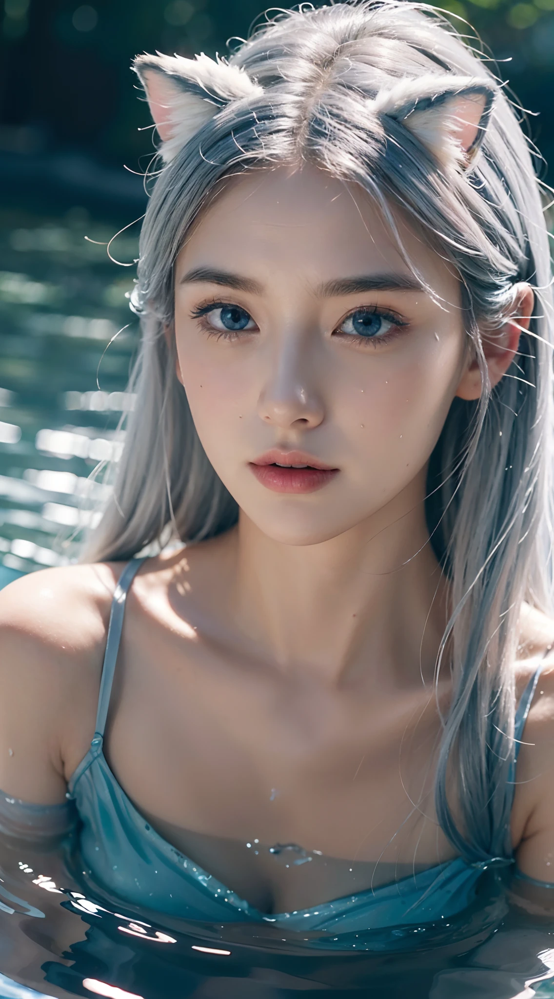 Seven part photos,Masterpiece, Best quality,offcial art, extremely detailed CG  8k wallpaper,(flying petal)(detailed ice) ,  crystalstexture skin, Cold expression, ((Fox ears)),White hair, long whitr hair, Messy hair, eBlue eyes,middlebreast,view the viewer,Extremely Delicately Beautiful, water,  ((beautydetailed eye)), highly  detailed, cinmatic lighting,((Beautiful face),fine water surface, (originalfigure painting), Ultra-detailed, incredibily detailed,  (Extremely Delicately Beautiful),Beautiful detailed eyes,(Best quality)