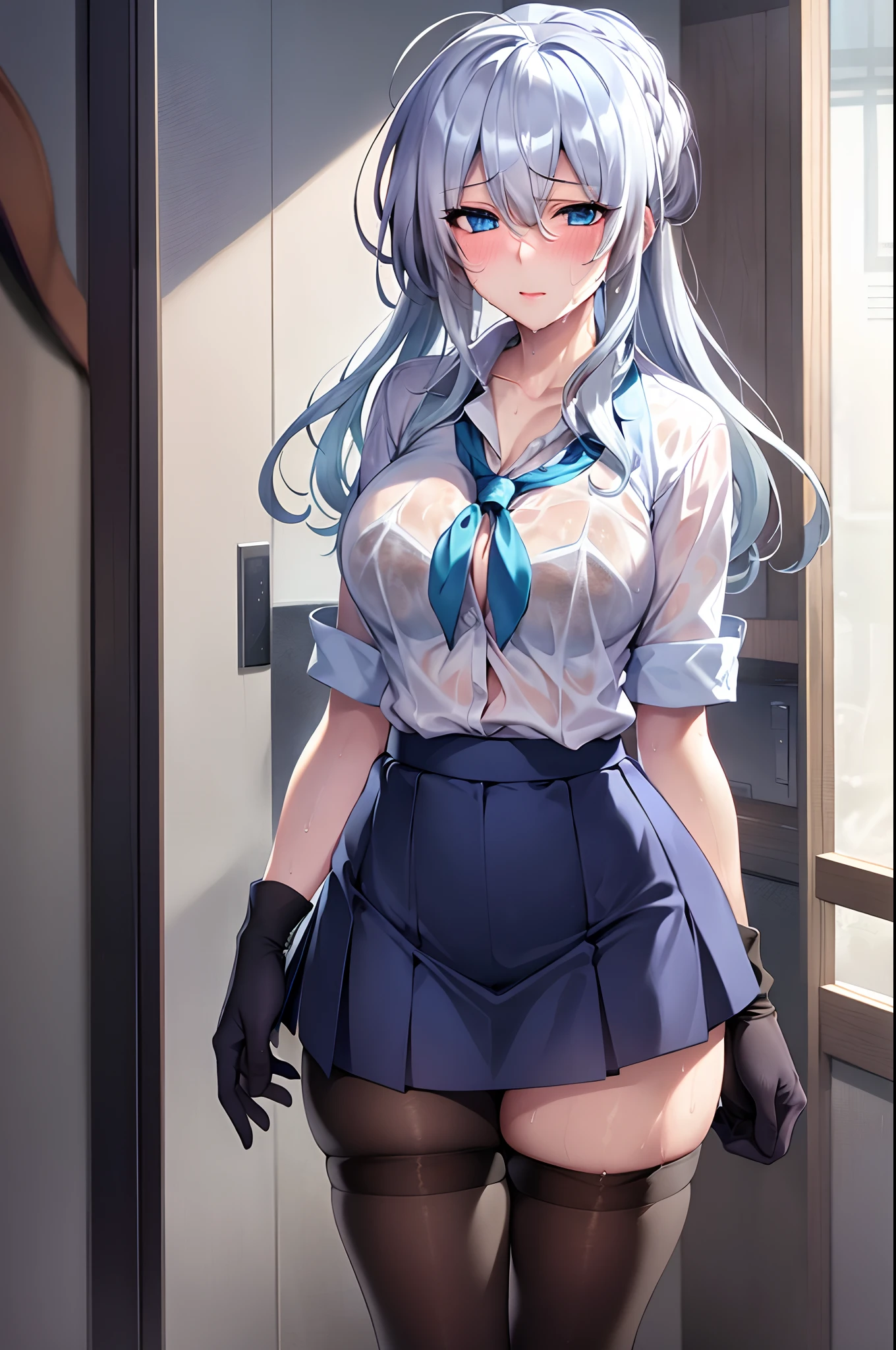 realistic, masterpiece, best quality, high definition, sa1, high school girl, single, solo girls' changing room, sweat-soaked silver hair, blue eyes, sweat-soaked school uniform, (pantyhose), white shirt, big tits, skirt, black skirt, navy blue high socks, sweat-wet skin
