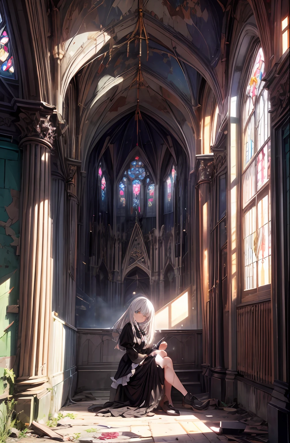 extremelydetailedwallpaper, Ultra-detailed details, detailed shadow, very precise detail, Extremely detailed 8k wallpaper, very fine 8KCG wallpapers,An old abandoned church. The girl who sat down. Her black dress was torn and stained in some places. Her dull white hair was long and fluffy. Light enters through cracked stained glass windows.