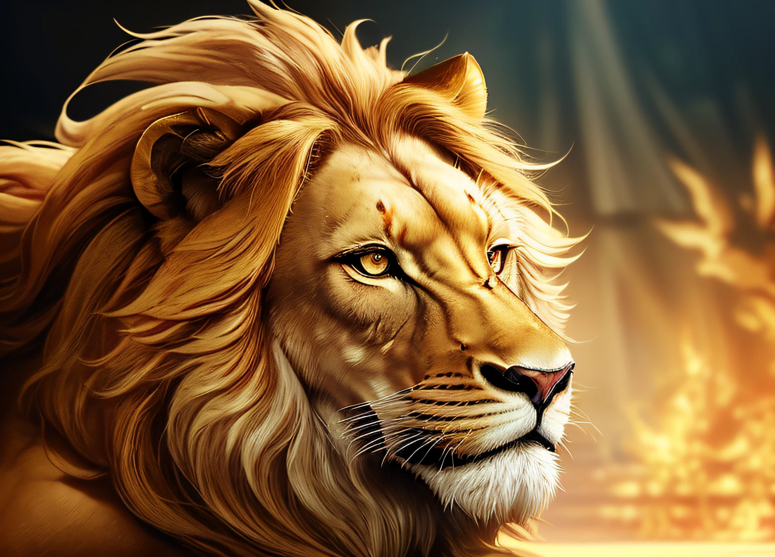 Lion King, (regal and majestic), (commanding presence), (golden mane). (Radiating authority), (respected and revered). (Leader of the pride), (protector and provider). (Wise and stoic), (deep sense of responsibility). (Symbol of courage and loyalty), (king of the animal kingdom). (Inspiration for tales and legends), (mythical aura).