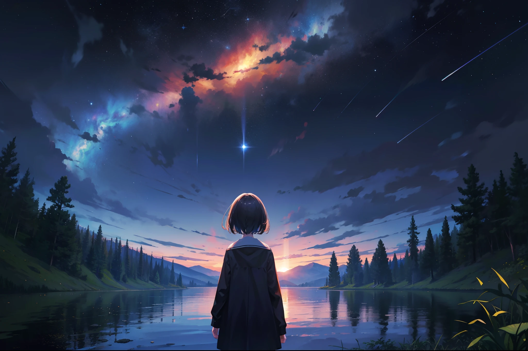 8K, Super detail, ccurate, Best quality, Masterpiece, Super detail, High details, High quality, Best quality, A high resolution,The composition of the characters is small,1girll,facing away from the audience,Girl gazing at stars by lake,ln the forest,inverted image,meteor shower