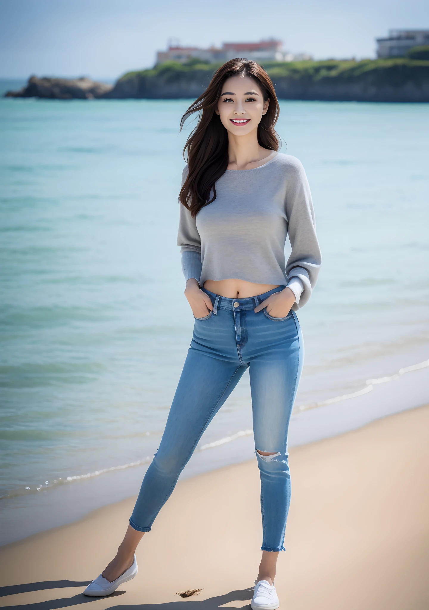Woman in jeans on the beach,Practice yoga movements(Elegant and dignified movements),Full body shooting:1.8(RAW photogr,超高分辨率,8K,HD,tmasterpiece,best qualtiy),Complicated details, 20 years old Asian woman,Women wearing smoked gray cropped anxiety tight sweater(Slim fit,Fit snugly to the body)and trendy jeans with open navels,Realistic and detailed costumes,Detailed beach,A sweet smile appeared on the little face,The face is white and tender,skin lightening,Ultra-realistic facial details,Beautiful accessories,White skin and beautiful appearance,The skin is as fat as jade,The face is delicate and watery,Playful and coquettish pose,The calves are straight and slender:1.5,Wear high-end branded travel shoes:1.5,eventide,warm color,Broad lighting,naturalshadow,taking a full body photo:1.8
