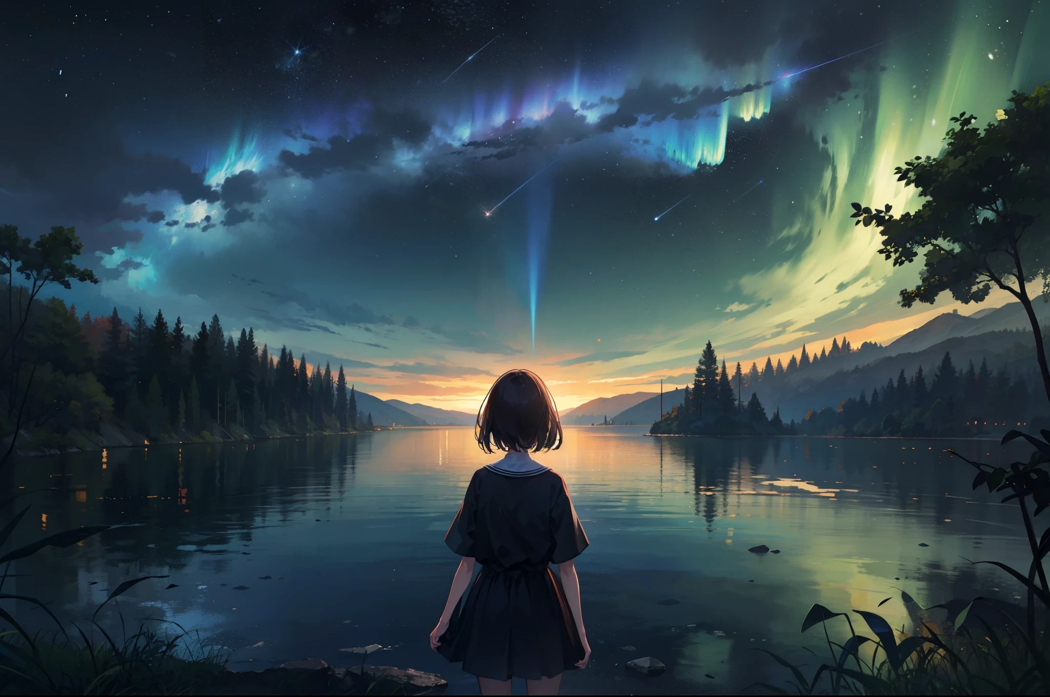 8K, Super detail, ccurate, Best quality, Masterpiece, Super detail, High details, High quality, Best quality, A high resolution，The composition of the characters is small，1girll，facing away from the audience，Girl gazing at stars by lake，ln the forest，inverted image，meteor shower