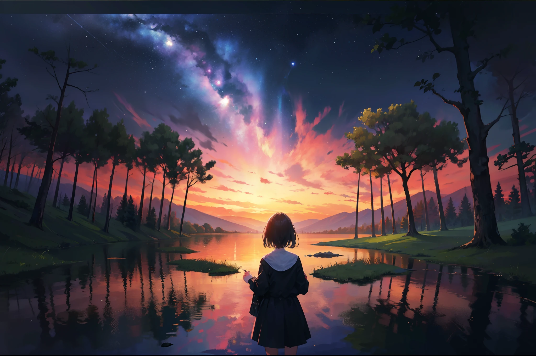 8K, Super detail, ccurate, Best quality, Masterpiece, Super detail, High details, High quality, Best quality, A high resolution，The composition of the characters is small，1girll，facing away from the audience，Girl gazing at stars by lake，ln the forest，inverted image，meteor shower