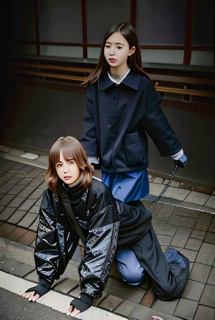 Two women walking on the sidewalk, urban girl fanart,  #1 digital paintting of all time, Two women Tokyo fashion, japanese city street fashion, hypebeast, humans of new york style, japanese street fashion, japanese streetwear, reflective puffy coat, cold as ice! 🧊, On the street, On the street, street fashion outfit, street fashion, 2 techwear women, garments,Walking the dog，Ride，Lying，on the floor on all fours，pedestrian walkway，nigth，Mobile phone shooting，Sidewalk floor tiles，