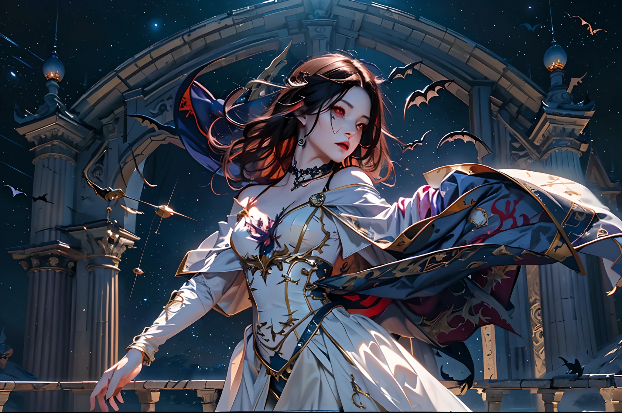 a picture of an exquisite beautiful female vampire standing under the starry night sky on the porch of her castle, dynamic angle (ultra detailed, Masterpiece, best quality), ultra detailed face (ultra detailed, Masterpiece, best quality), ultra feminine, grey skin, red hair, wavy hair, dynamic eyes color, cold eyes, glowing eyes, intense eyes, dark red lips, [fangs], wearing white dress (ultra detailed, Masterpiece, best quality), wearing blue cloak (ultra detailed, Masterpiece, best quality), long cloak, flowing cloak (ultra detailed, Masterpiece, best quality), wearing high heeled boots, sky full of stars background, moon, bats flying about, high details, best quality, 8k, [ultra detailed], masterpiece, best quality, (ultra detailed), full body, ultra wide shot, photorealism, dark fantasy art, dark fantasy art, gothic art, many stars, dark fantasy art, gothic art, sense of dread,