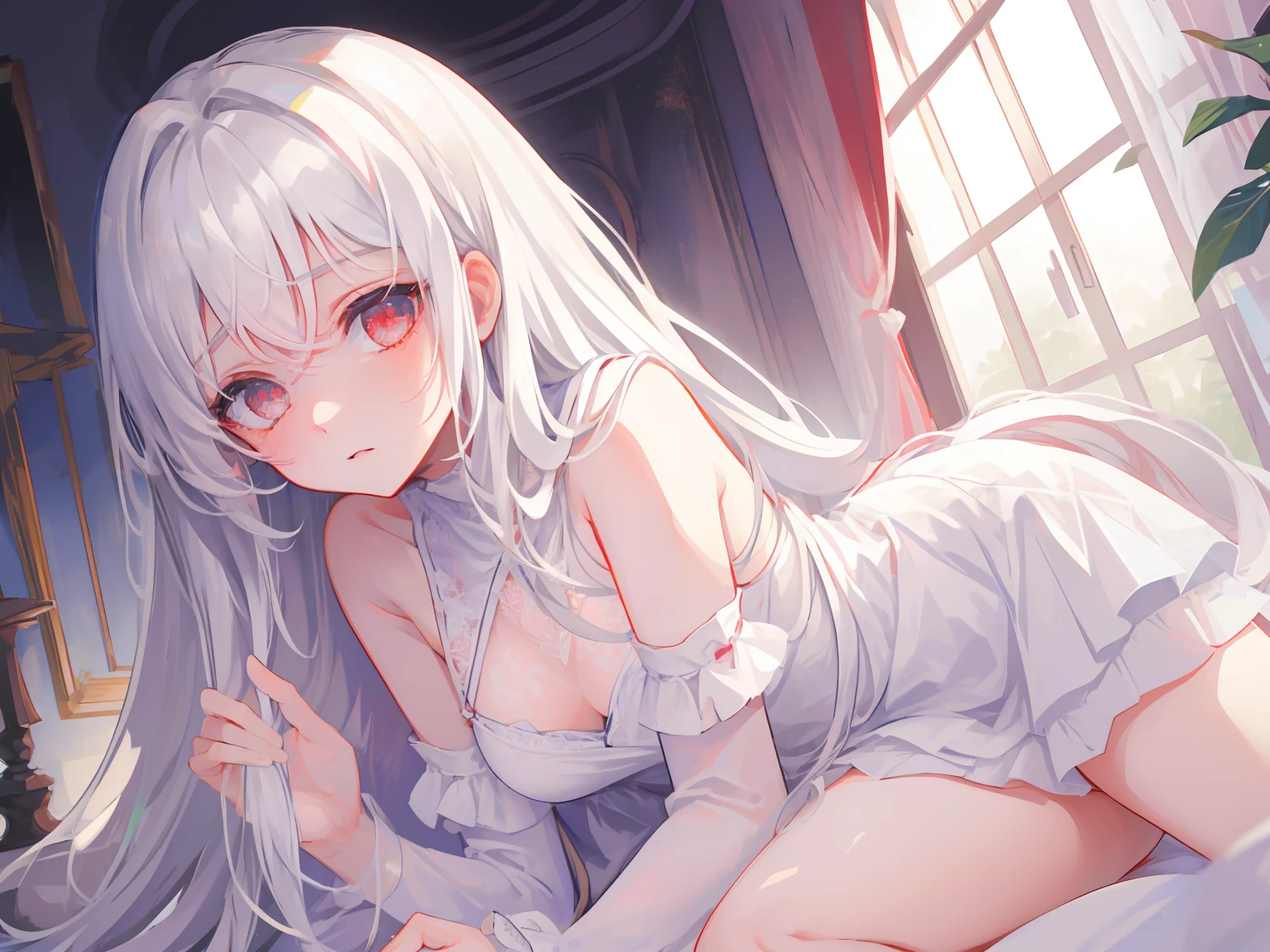 ((Masterpiece, Best quality))++, Detailed light+, Detail hair+, detail hand+ ,1girll, woman, Long hair, dark red eye, Beautiful eyes, Young gray hair,,(Beautiful white hair:1.5),(Beautiful detailed eyes), , high resolution+, Masterpiece, , Glass tones, Reflective eyes, {{Angle}} , extremelydetailedwallpaper, Original,full bodyesbian,Bedrooms,upper legs, Beth,starrysky,Issuing,,swim wears,,naturey