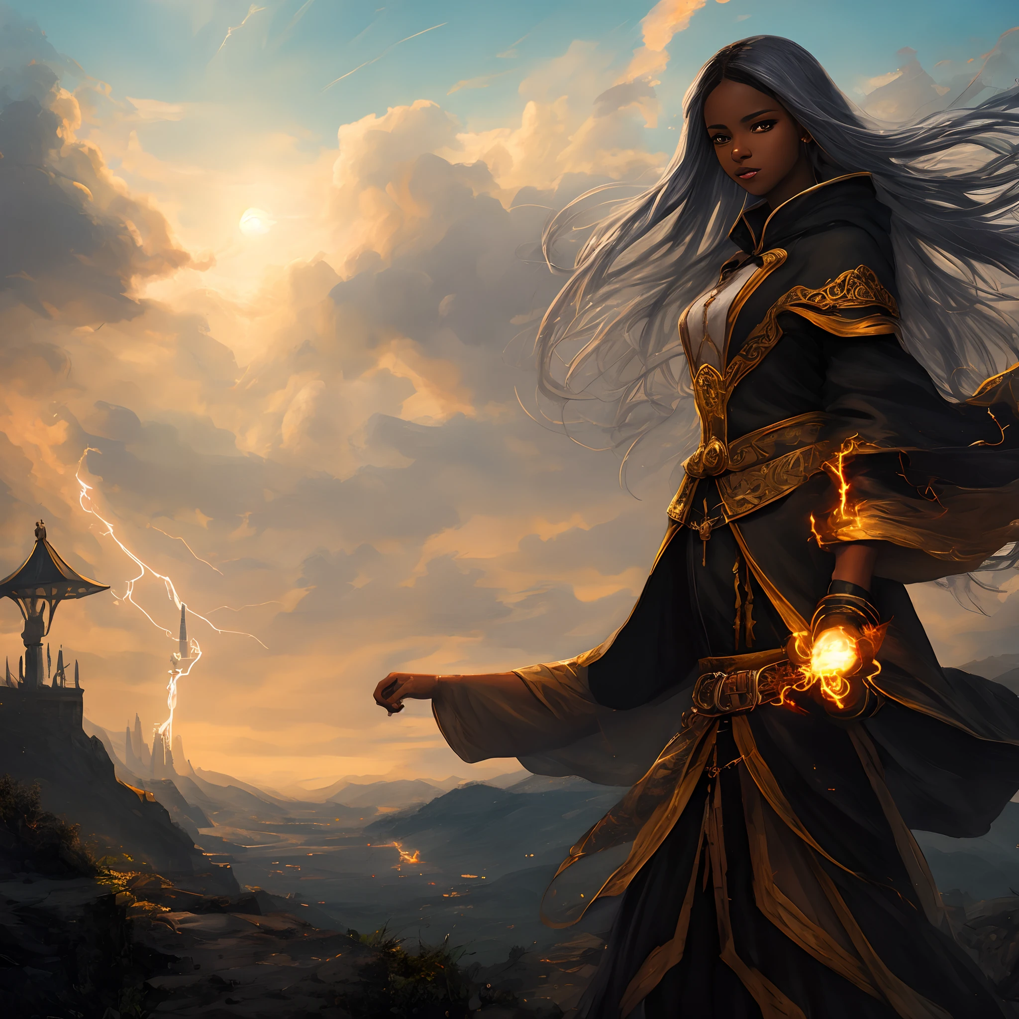 Sorcerer girl. Black skin. White hair. Long hair. Conjuring an electric bolt. Landscape. 16:9 resolution.