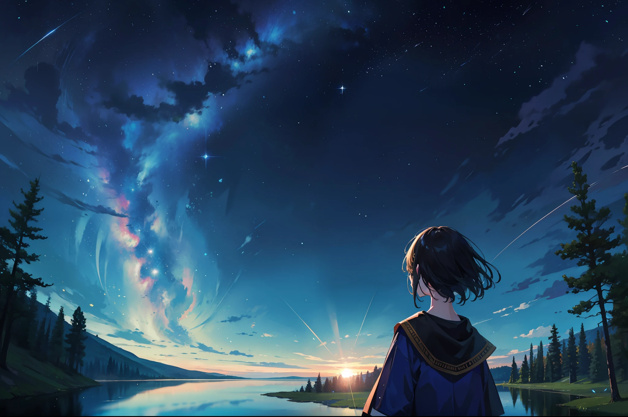 8K, Super detail, ccurate, Best quality, Masterpiece, Super detail, High details, High quality, Best quality, A high resolution,The composition of the characters is small,1girll,facing away from the audience,Girl gazing at stars by lake,ln the forest,inverted image,meteor shower