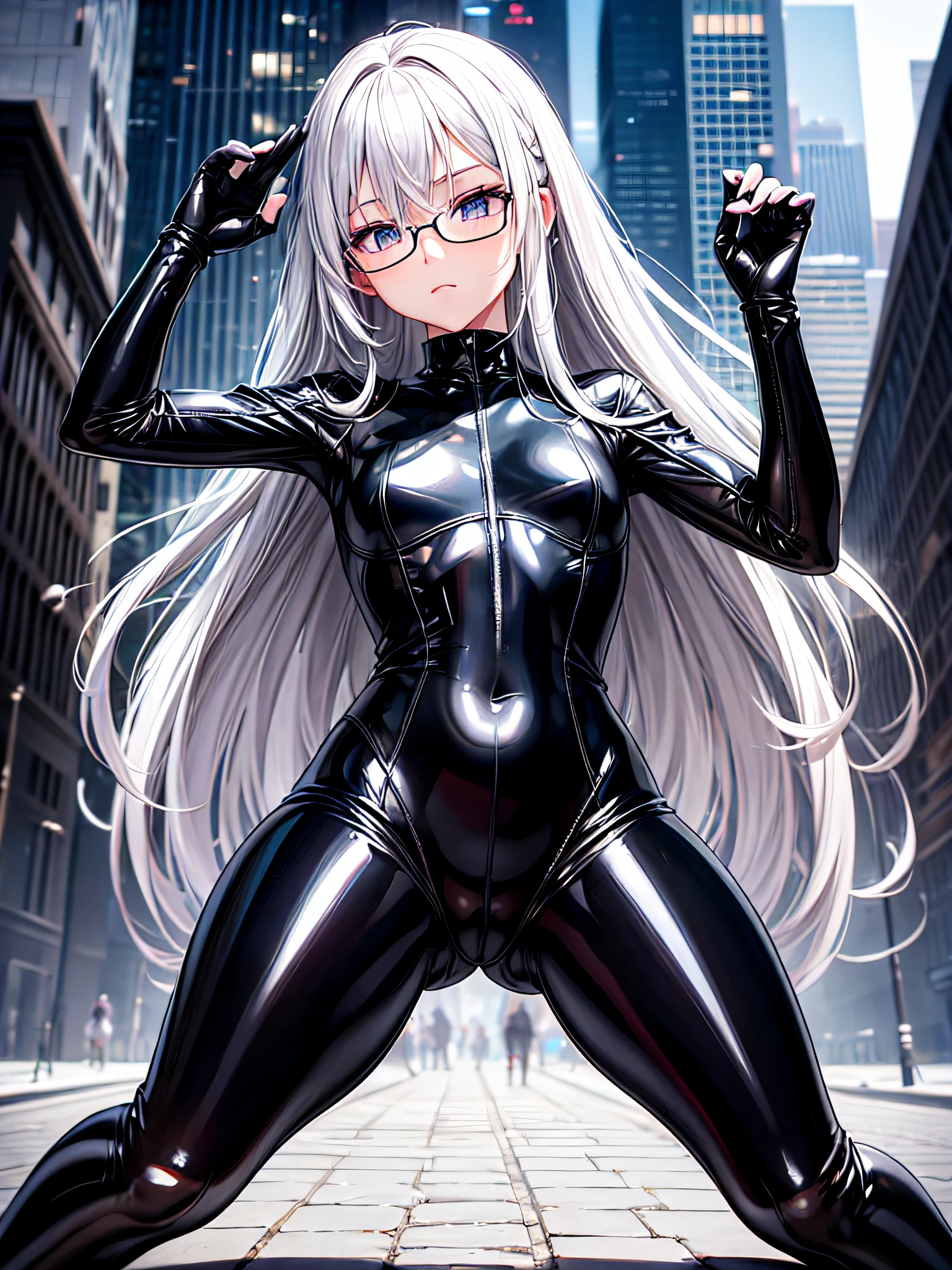 5 8K UHD、With a silver-haired small-nosed beauty dressed in a shiny black rider suit、Black shiny fingertips hide skin to the tips of black shiny fingertips wearing glasses、Looking down with legs wide open、Late Night City、Wearing a shiny black latex slider suit that hides skin、Glossy black latex slider suit、Beautiful nosed woman with one leg raised with expressionless eyes、The beauty of a small nose with open legs